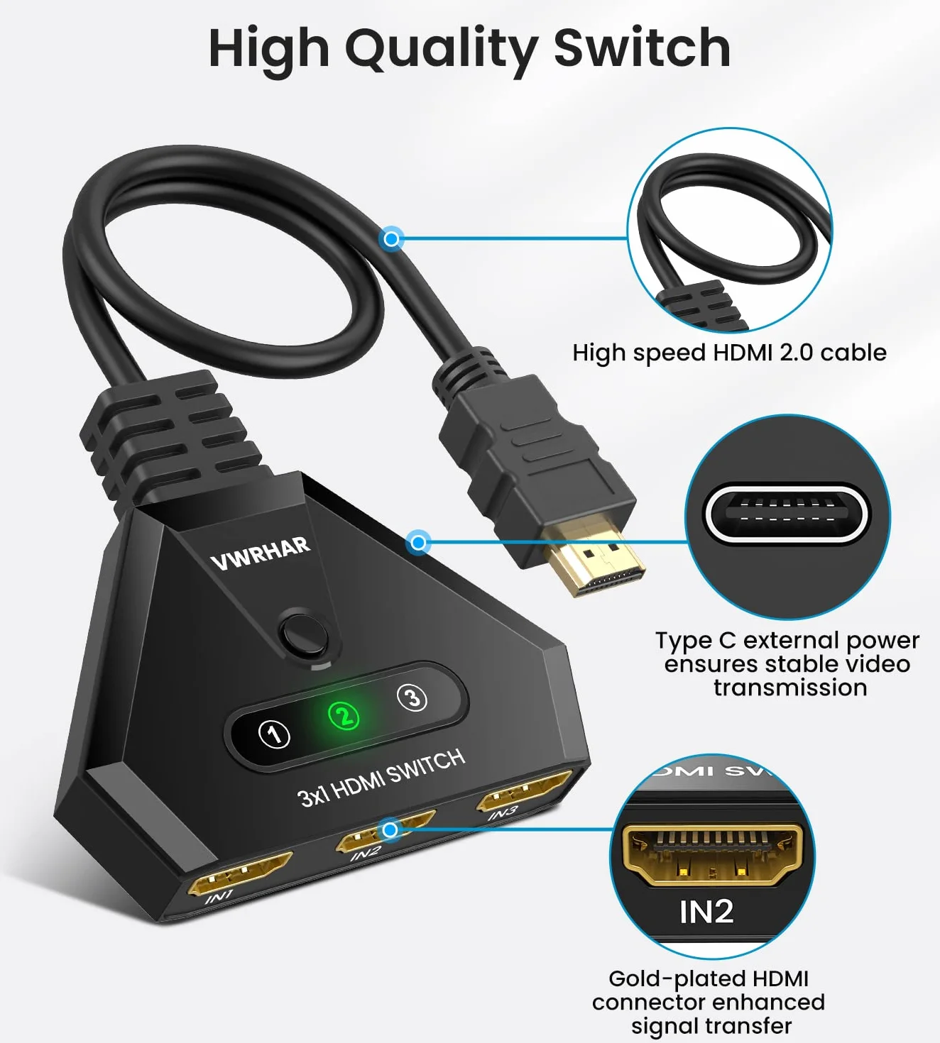 Przełącznik HDMI 4K Automatyczny/Ręczny 3 w 1 - Obsługuje 4K/3D/HDR/UHD/1080P, Kompatybilny z Xbox, PS5/4/3, Blu-Ray, Firestick, Apple TV