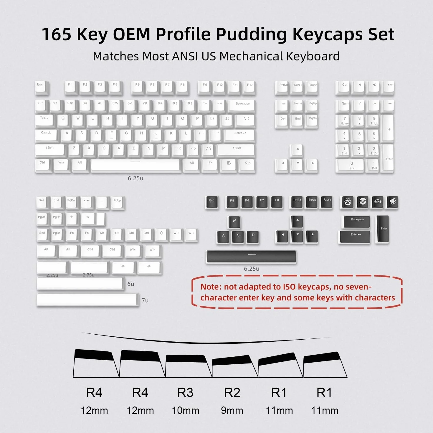 Pudding Keycaps, 165 klawiszy niestandardowy zestaw klawiszy QWERTY PBT, profil OEM z przezroczystymi nasadkami klawiszy, uniwersalna kompatybilność dla klawiatur 100%, 75%, 65%, 60% ANSI US
