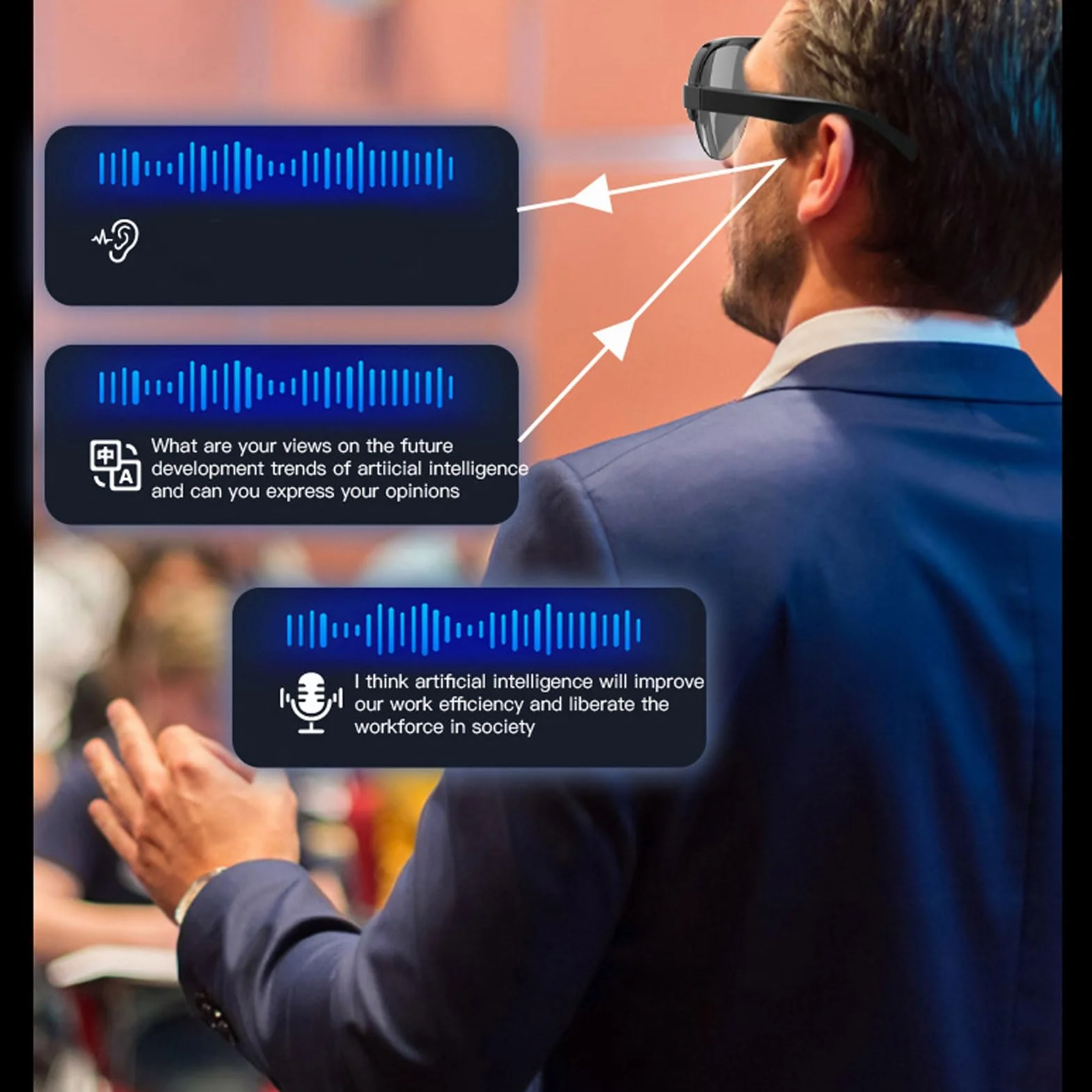 Inteligentne Okulary dla Mężczyzn Kobiety, Tłumacz Bluetooth AI z Tłumaczeniem w Czasie Rzeczywistym Obsługuje 144 Języki, Szklanki Kontroli Głosu z Mikrofonem i Głośnikiem