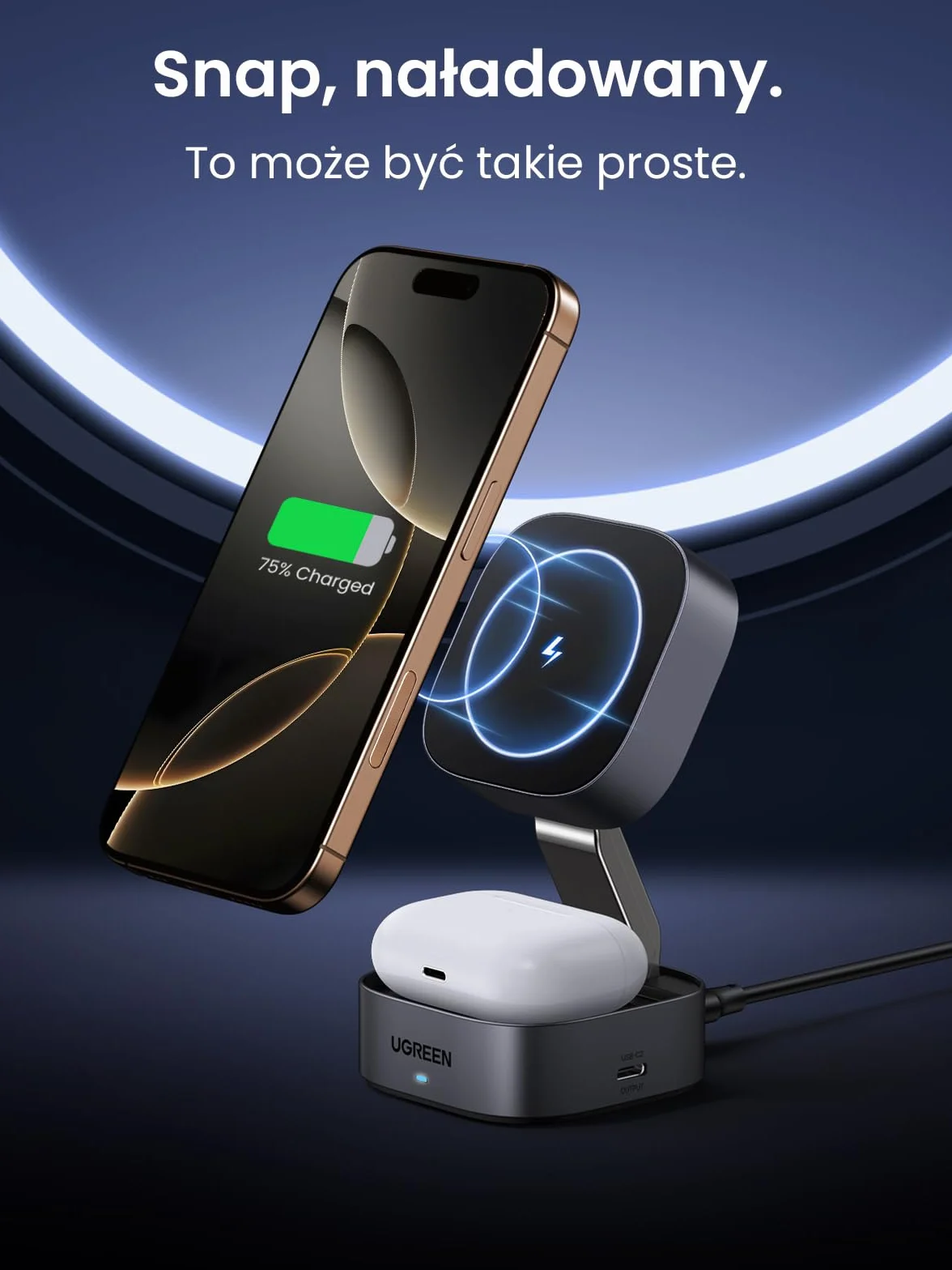 UGREEN MagFlow Składana podstawka ładująca 2 w 1 do iPhone'a kompatybilna z ładowarką MagSafe do iPhone'a 17,Air,17 Pro,17 Pro Max, 16,15,14,13,12, AirPods, podstawka ładująca z regulacją kąta