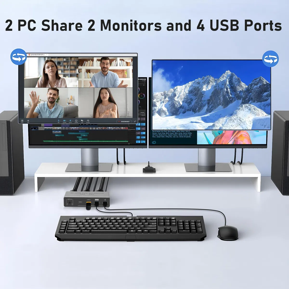 Tendak HDMI KVM Switch 2 PC 2 Monitory, Przełącznik KVM HDMI Dual Monitor 8K z USB, Przełącznik klawiatury i myszy z 4 portami USB 3.0, Obsługa 8K@60Hz 4K@120Hz, HDCP 2.3, Kompatybilny z Windows/Linux