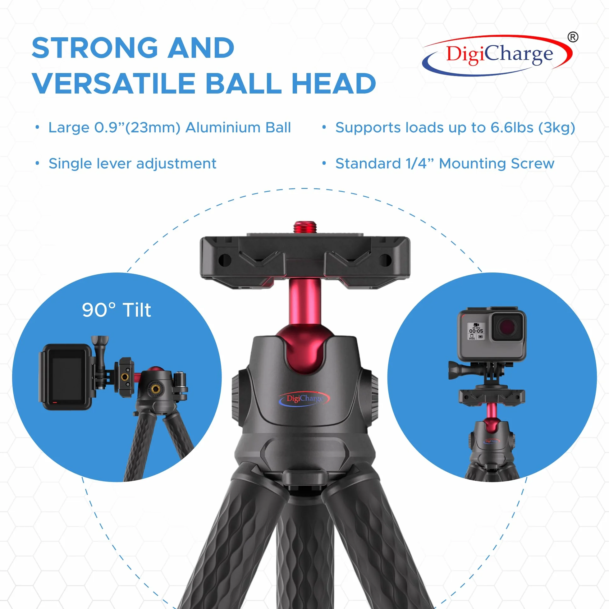 Digicharge Elastyczny statyw do telefonu/kamery sportowej/kamery kompatybilny ze smartfonem/Gopro Hero / Insta360 / aparatami cyfrowymi i DSLR Gorilla Tri Pod Mount Stand