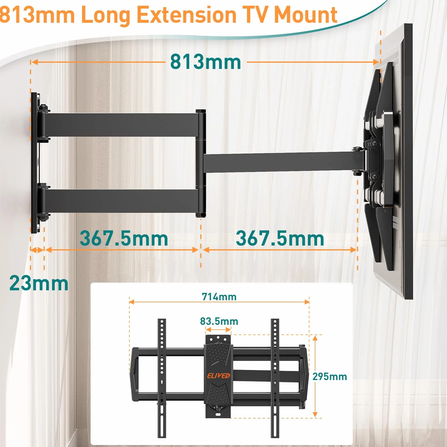 ELIVED Uchwyt ścienny do telewizora 813 mm 37-75 cali obrotowy nachylenie 45 kg VESA 600
