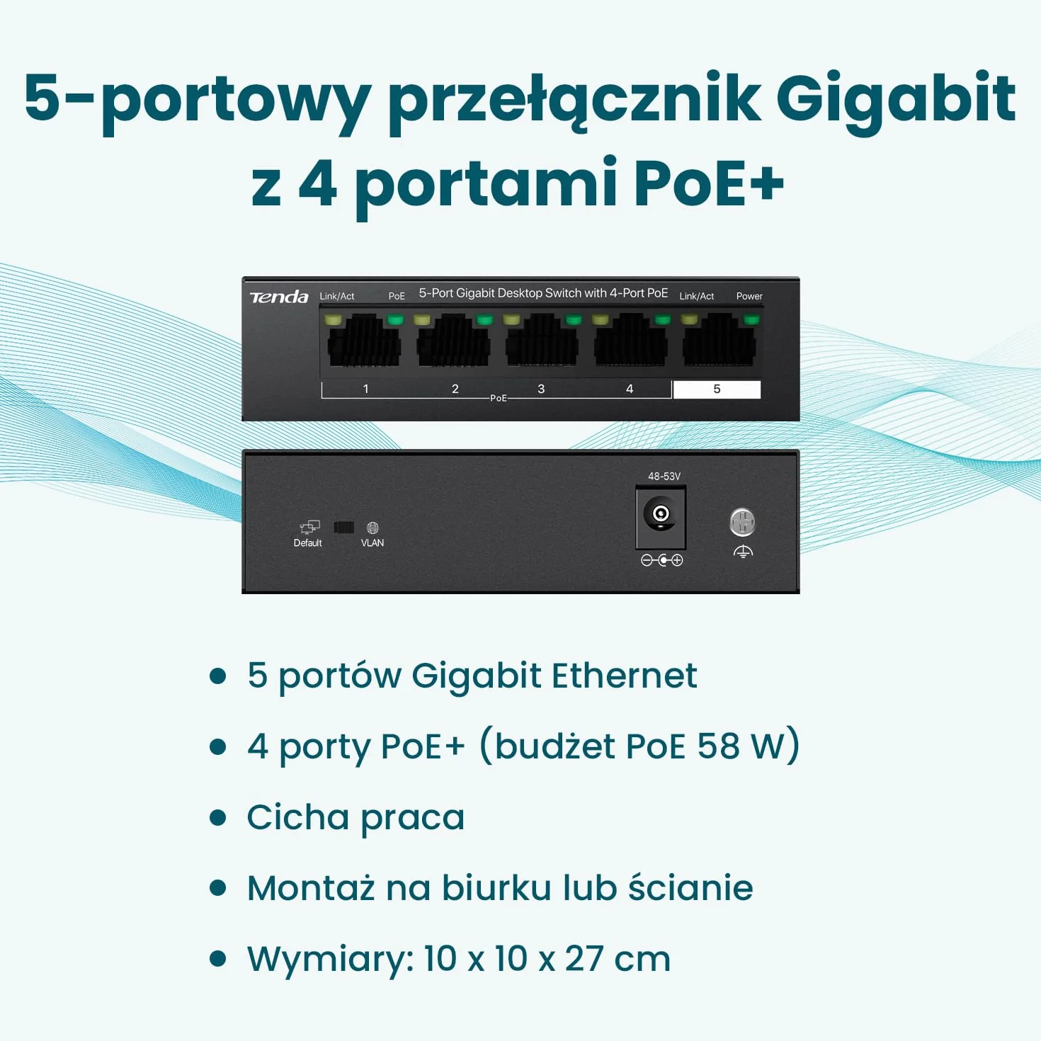 Tenda Przełącznik PoE Gigabit 5-Portowy 4 Porty PoE+ 58 W VLAN IEEE 802.3af/at Bez Wentylatora Niezarządzany Obudowa Metalowa TEG1105P-4-63W