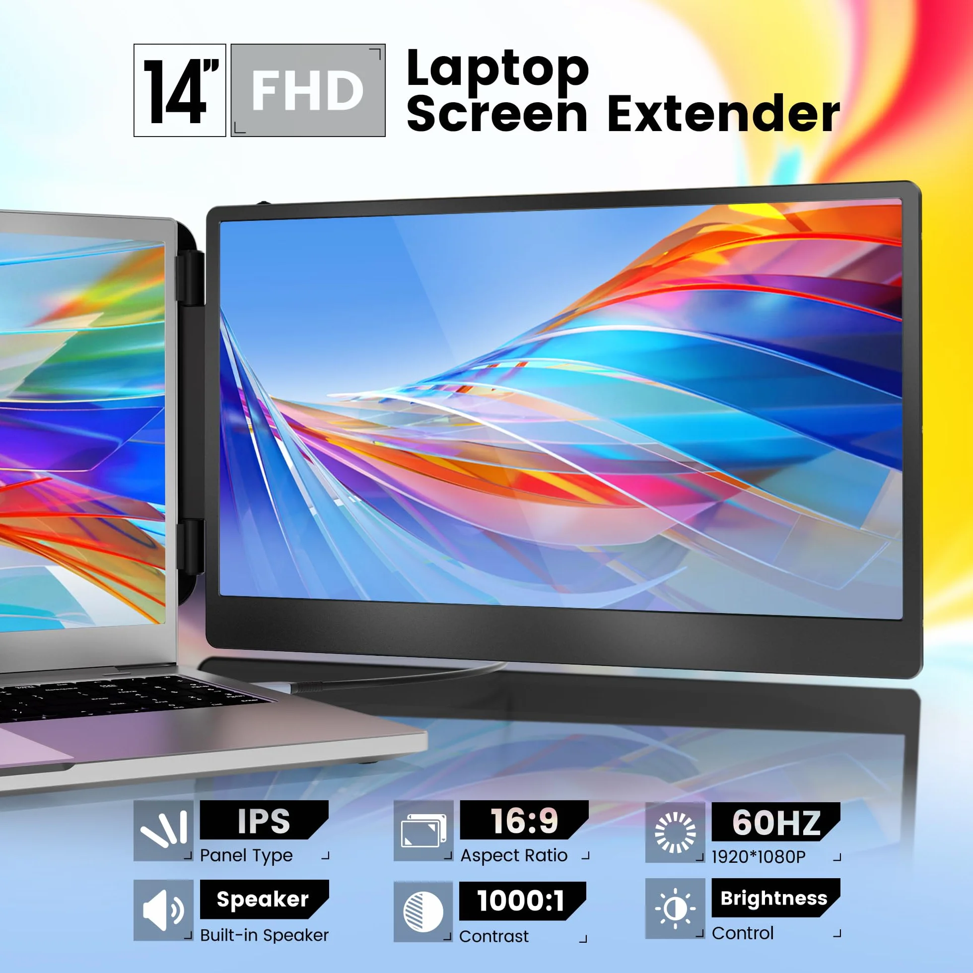 domyfan Przenośny Monitor,14" FHD 1080P Przedłużacz ekranu do Laptopa, HDMI/USB-A/Type-C Plug and Play Działa z 13 "-17" Windows, Mac, Chrome, Xbox, Switch, PS5