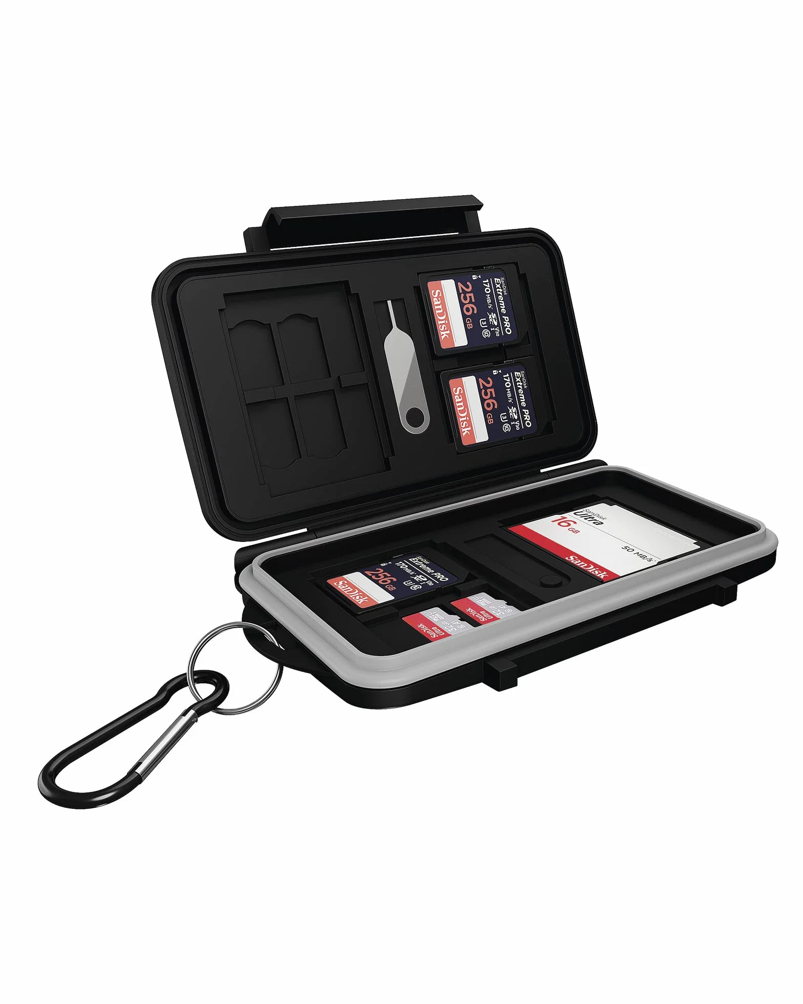 ICY BOX Przechowywanie kart SD na 28 kart pamięci (8 x SD, 16 x Micro-SD, 4 x CF), zamknięcie na zatrzask, etui z karabińczykiem, czarne