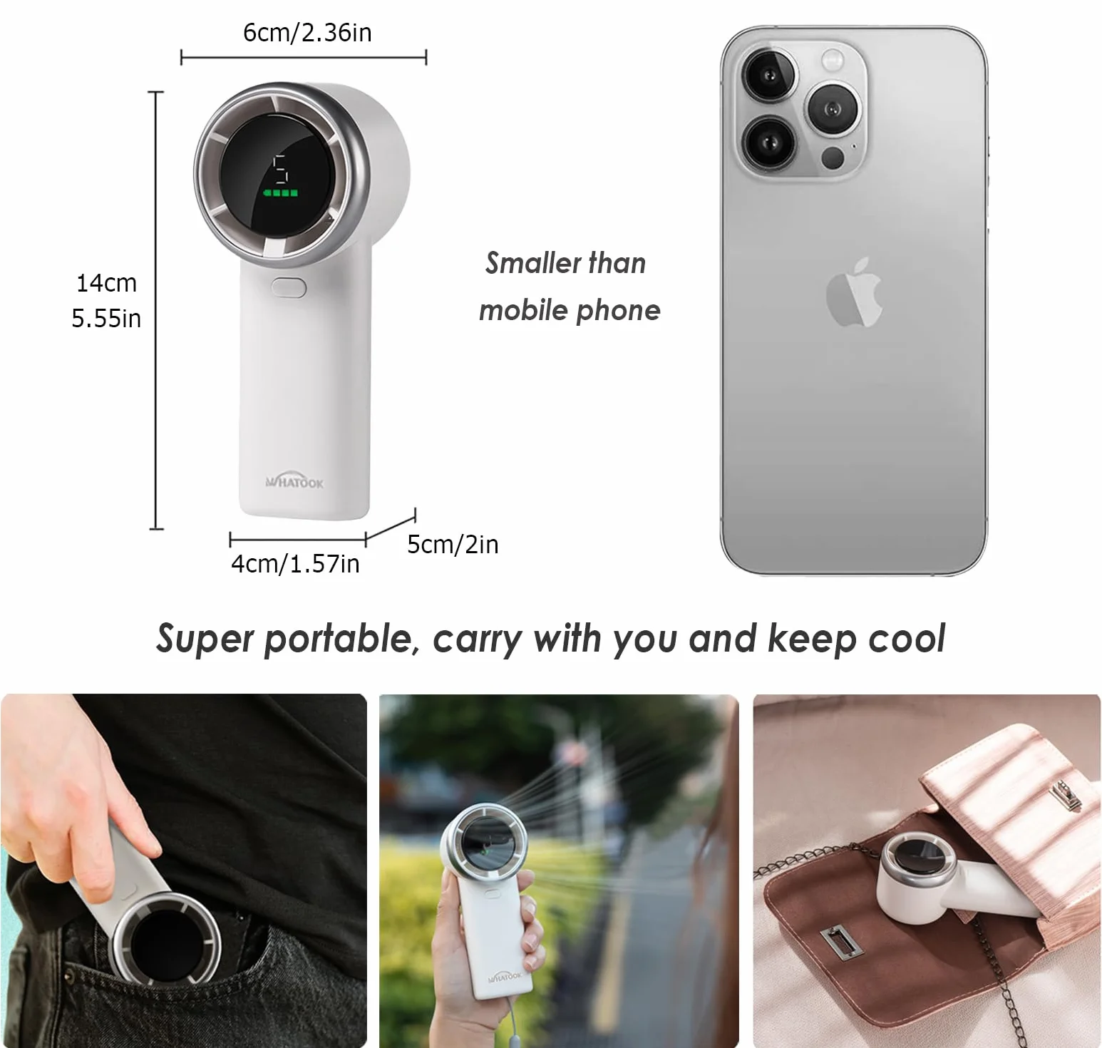 WHATOOK N603 Przenośny Wentylator Ręczny 8.5m/s Mocny z Silnikiem Bezszczotkowym, Cyfrowy Wyświetlacz, Szybkie Ładowanie USB-C 2H, Ultrakompaktowy Lekki na Zewnątrz/Siłownia/Podróż