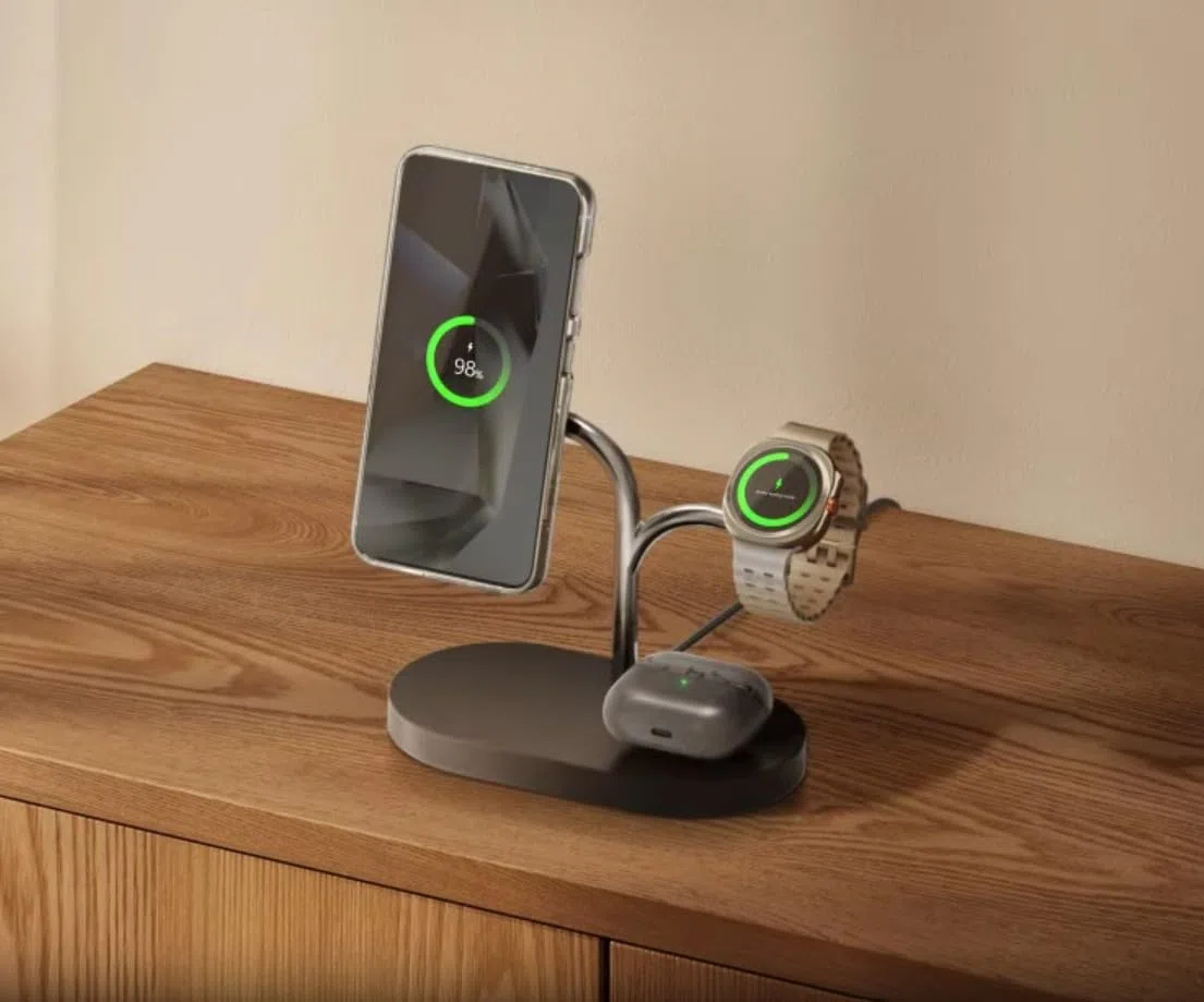Ładowarka indukcyjna Samsung S25, magnetyczna 15 W, jednoczesne ładowanie: Smartfon, Watch, Buds (ładowarka 45 W łącznie). Stacja ładująca 3 w 1, stabilne wyrównywanie magnetyczne, kompaktowa