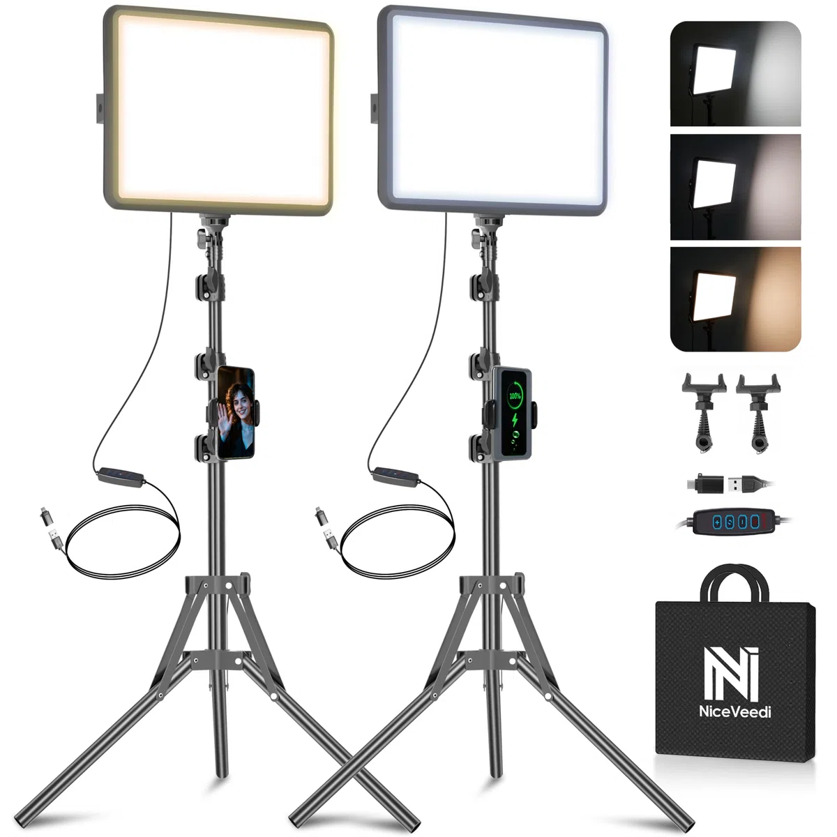 Zestaw 2 lamp wideo LED, NiceVeedi Studio Light, 2800-6500 K, ściemniany zestaw oświetlenia fotograficznego, ze statywem i uchwytem na telefon, strumień świetlny 185.4 cm do nagrywania wideo