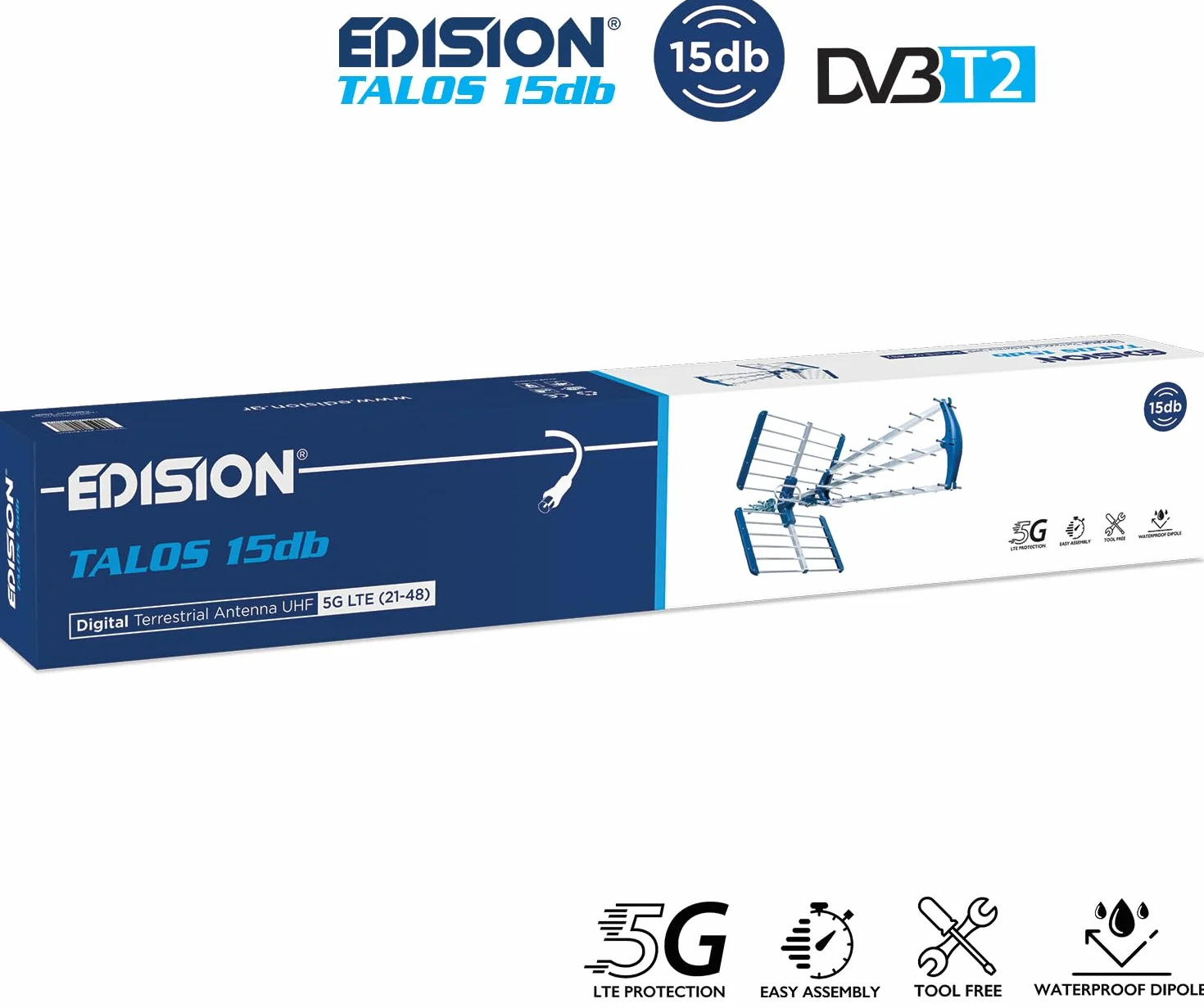 EDISION TALOS 15db Potrójna cyfrowa antena naziemna UHF 21-48, z odcięciem 5G LTE, idealna do odbioru kanałów cyfrowej telewizji naziemnej DVB-T/T2, długość 47cm, niebieska i aluminiowa