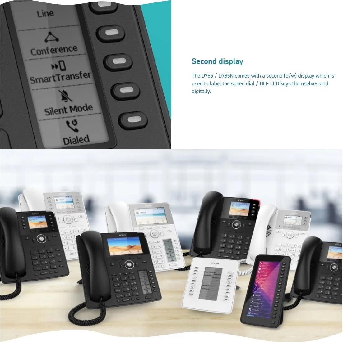 Snom D785N telefon IP, telefon stołowy SIP, kolorowy wyświetlacz TFT 4,3" 480 x 272 pikseli, 12 tożsamości SIP, przełącznik haka czujnika, USB, 48 kluczy do samodzielnego zapisywania (12 fizycznych), czarny, 000459