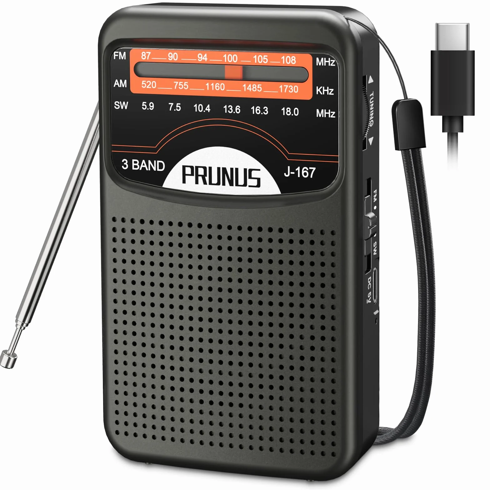 Prunus J-167 AM/SW/FM Przenośne Radio Tranzystorowe Kieszonkowe z Ładowaniem USB-C