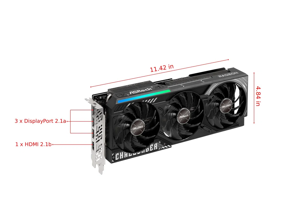 ASRock Karta graficzna Radeon RX 9070 XT Challenger 16 GB OC, architektura AMD RDNA 4, zegar Boost 2970 MHz, 16 GB GDDR6, PCIe 5.0, DisplayPort 2.1a, HDMI 2.1b, potrójne chłodzenie wentylatorem, 800 W