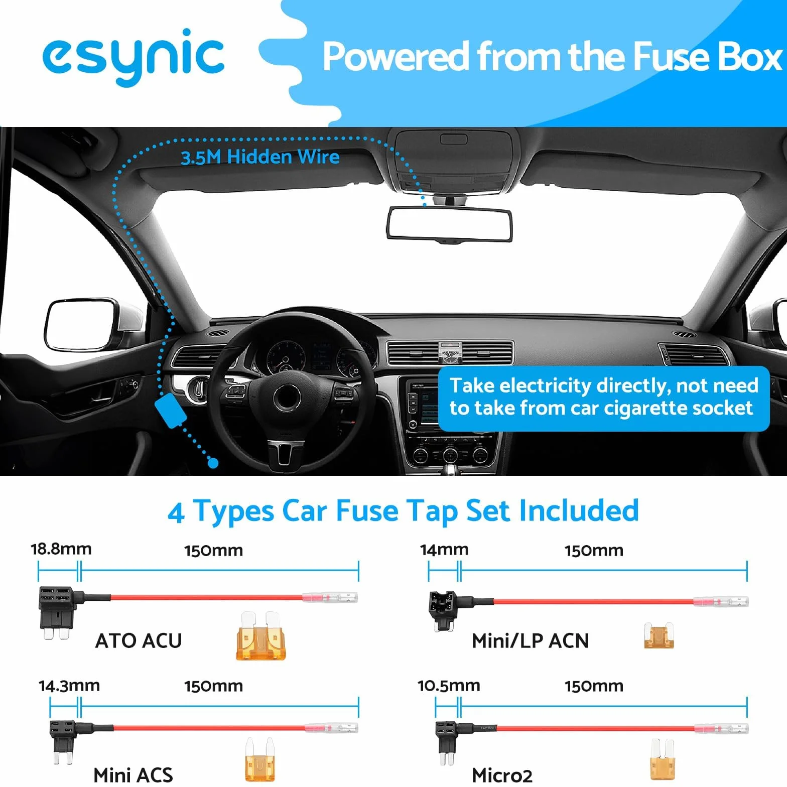 eSynic Dash Cam Hardwire Kit USB 11,5 ft kabel 12 V-24 V do 5 V Hard Wire Kit do kamery Dash z adapterem mini i Micro USB i 4 typami bezpieczników Mini/LP, ACS, ATO, Micro2