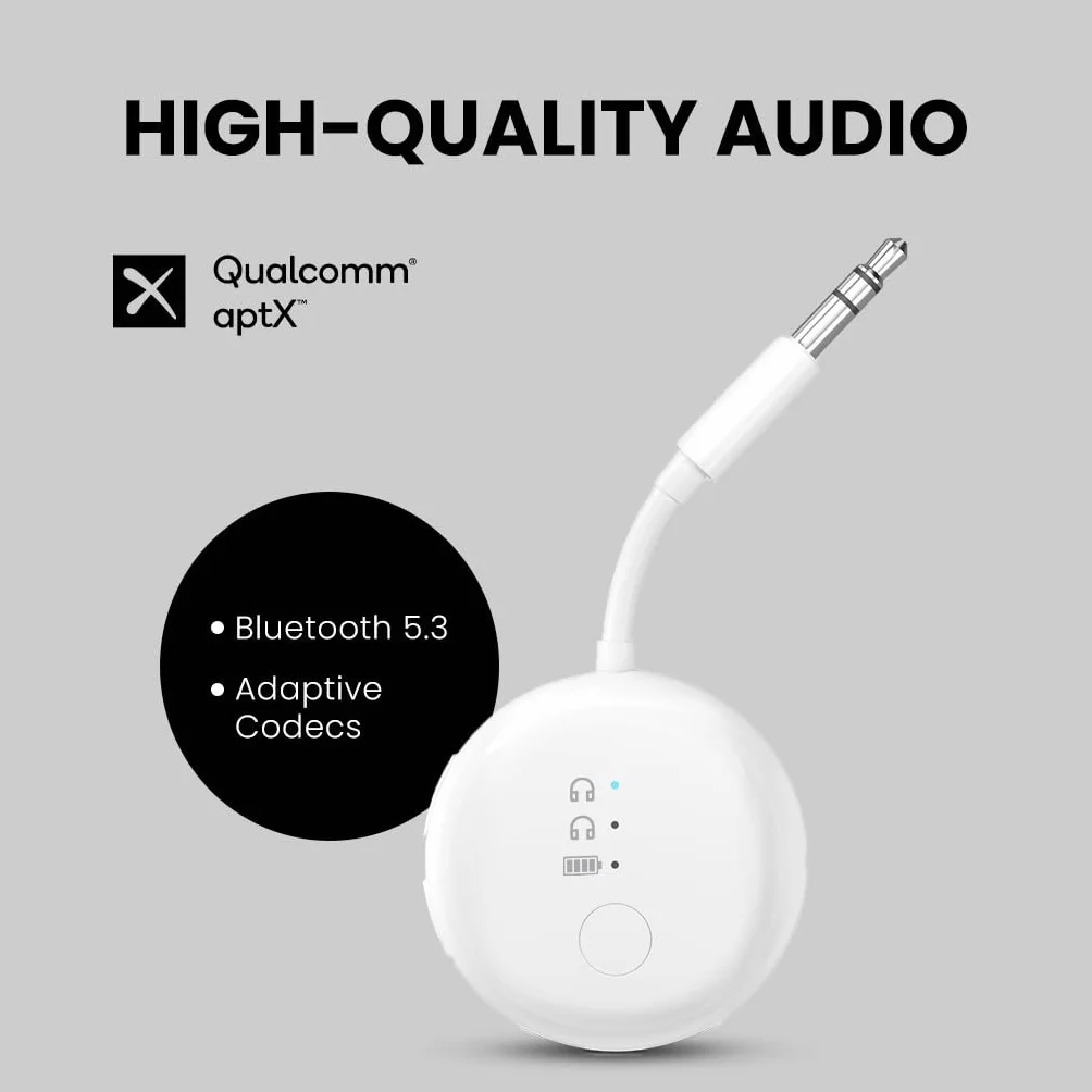 Avantree SoundJet R1 – 25-godzinna bezprzewodowa Bluetooth-adapter do wszystkich AirPods (Pro/Max) z Qualcomm & aptX Adaptive, bezprzewodowy transmiter audio do lotów, działa ze słuchawkami Bluetooth
