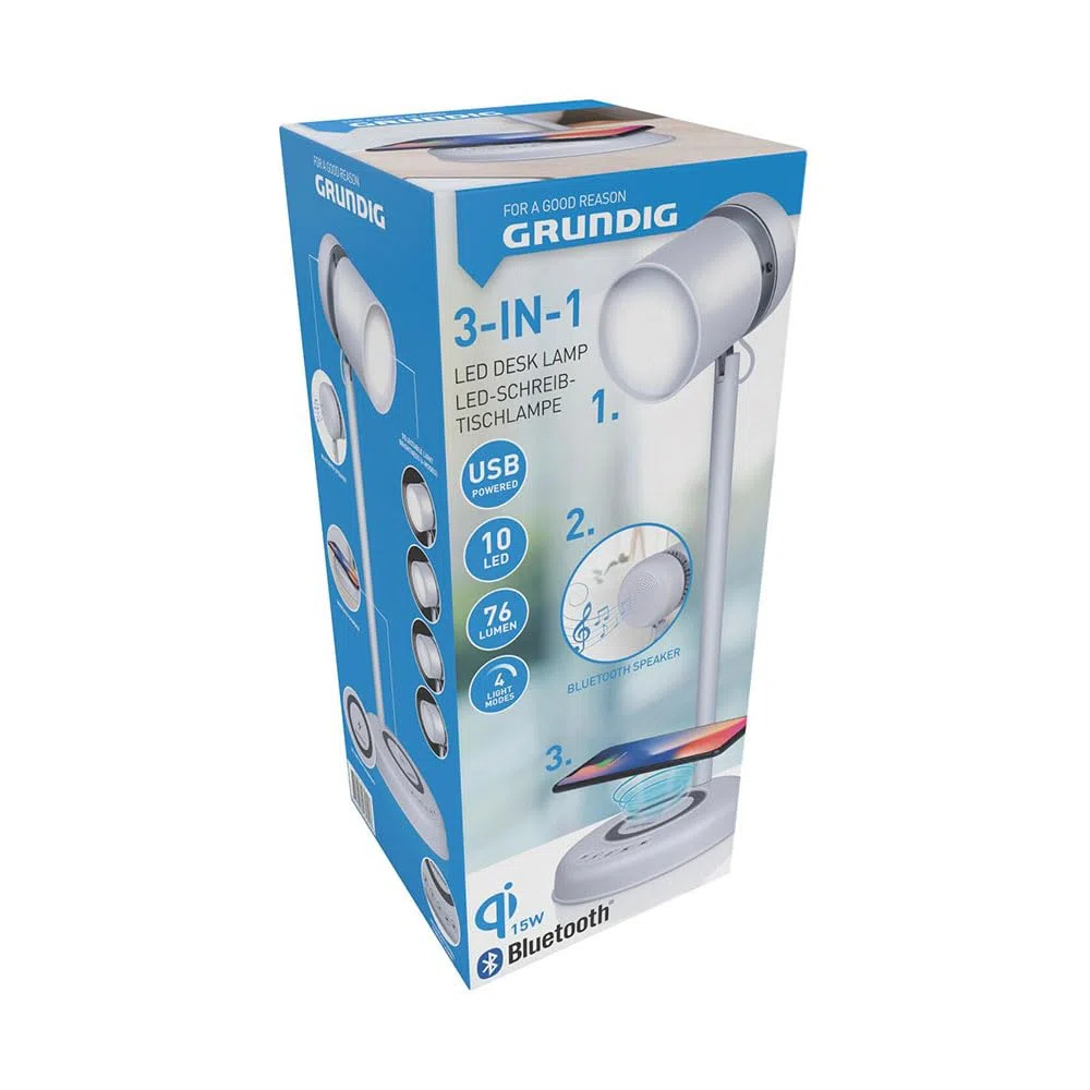 Grundig Lampa biurkowa LED 3 w 1 - technologia Qi - bezprzewodowa ładowarka do telefonu komórkowego - głośnik Bluetooth - 4 nóżki - biała