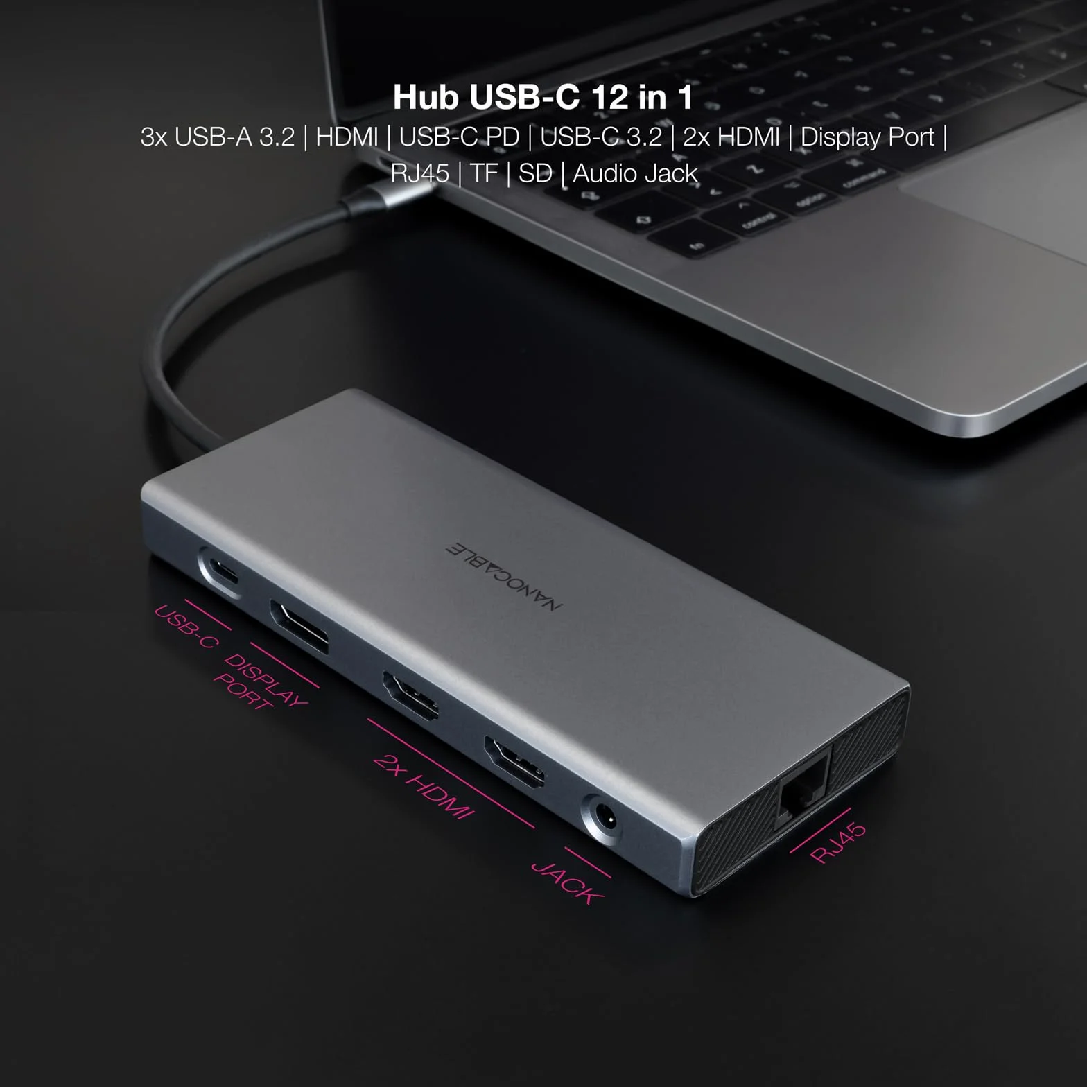 NANOCABLE 10.16.4612, koncentrator USB-C 12 w 1, konwerter USB-C 3.1 na 3 x USB-A 3.2 + USB-C 3.2 + USB-C PD + 2 x HDMI 4K @ 60 Hz + DP 4K przy 60 Hz + RJ45 1 Gb/s, TF, SD + Audio Jack 3.3.2 5