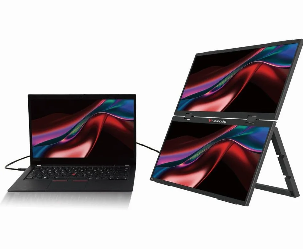 Verbatim PMT-15, podwójny przenośny monitor z dwoma ekranami 15,6", mobilny ekran Full HD z tworzywa sztucznego do laptopa, tabletu, smartfona, PS5, Nintendo Switch z 2 x USB-C i złączem HDMI