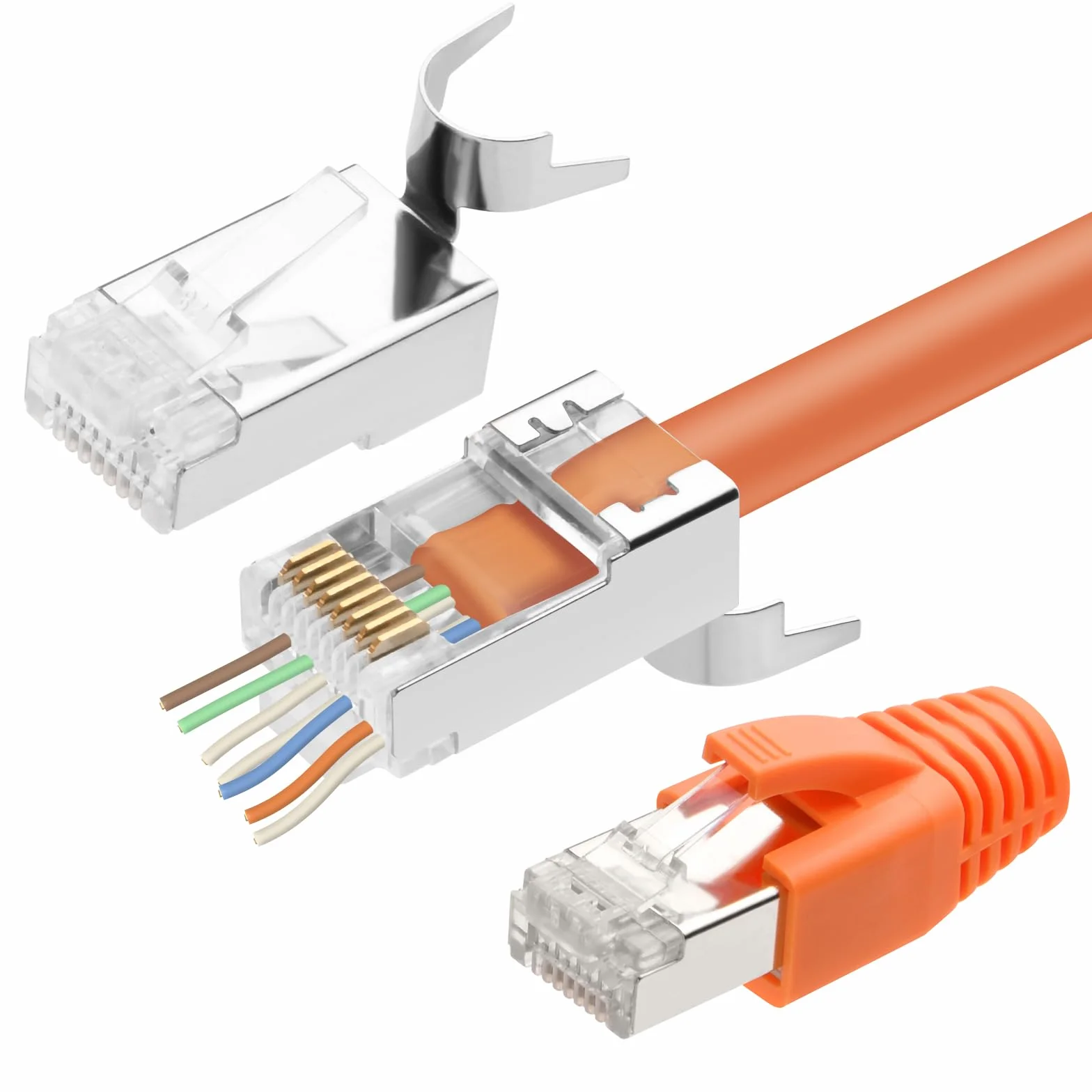 AXFEE Wtyczka RJ45, wtyczka przelotowa, wtyczka Ethernet, ekranowana, Cat7 Cat6A do kabli instalacyjnych z łodzią, dwuczęściowa, 20 sztuk
