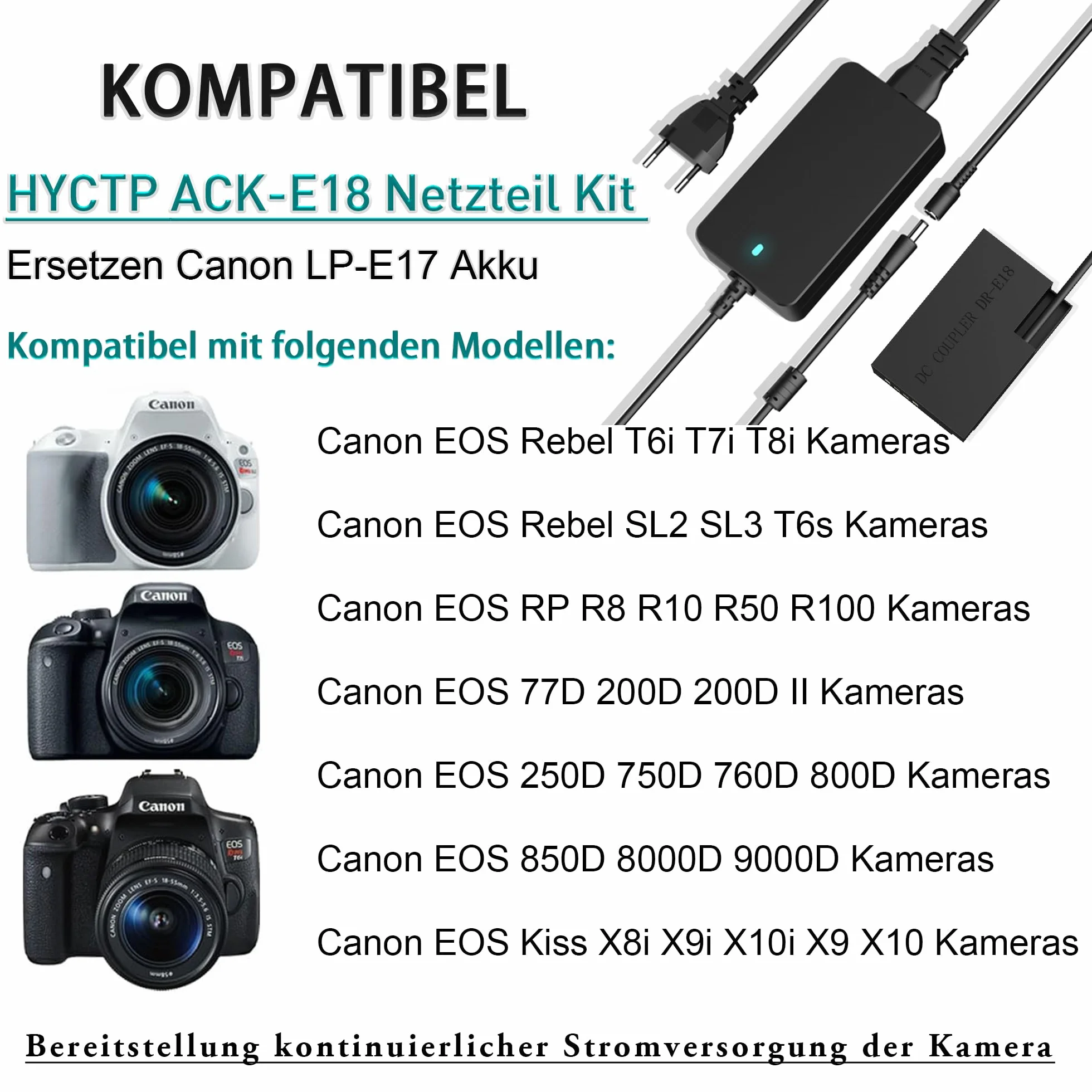 ACK-E18 adapter sieciowy DR-E18 DC łącznik Dummy bateria Kit do Canon EOS Rebel T6i T7i T8i SL2 SL3 T6s X8i X9i X10 EOS RP R8 R10 R50 R100 77D 200D 50D 800D 850D 9000D