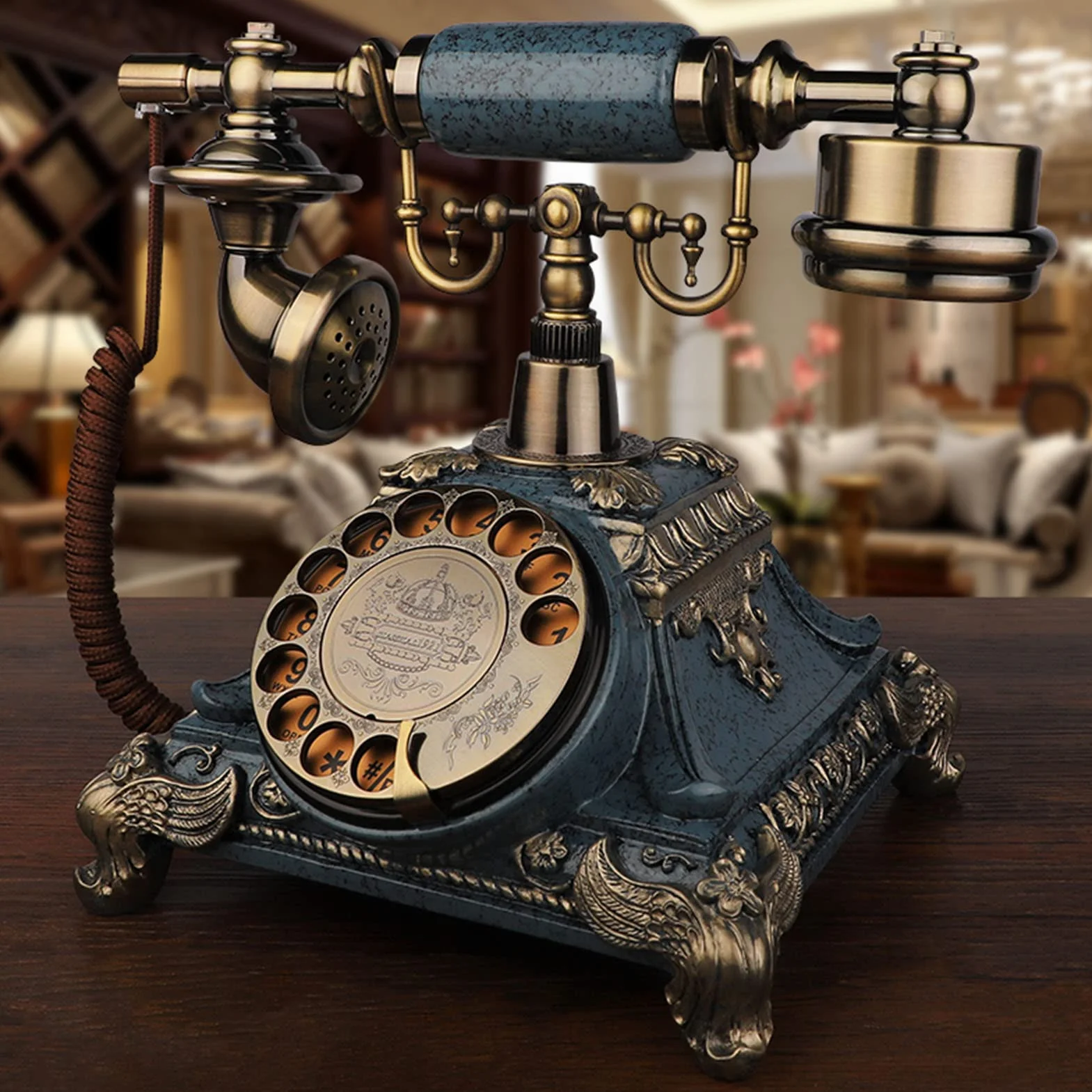 Telefon, retro telefon obrotowy, antyczny telefon stacjonarny z tarczą obrotową, klasyczny telefon stacjonarny, staromodne telefony stołowe do wystroju domu i biura, niebieski