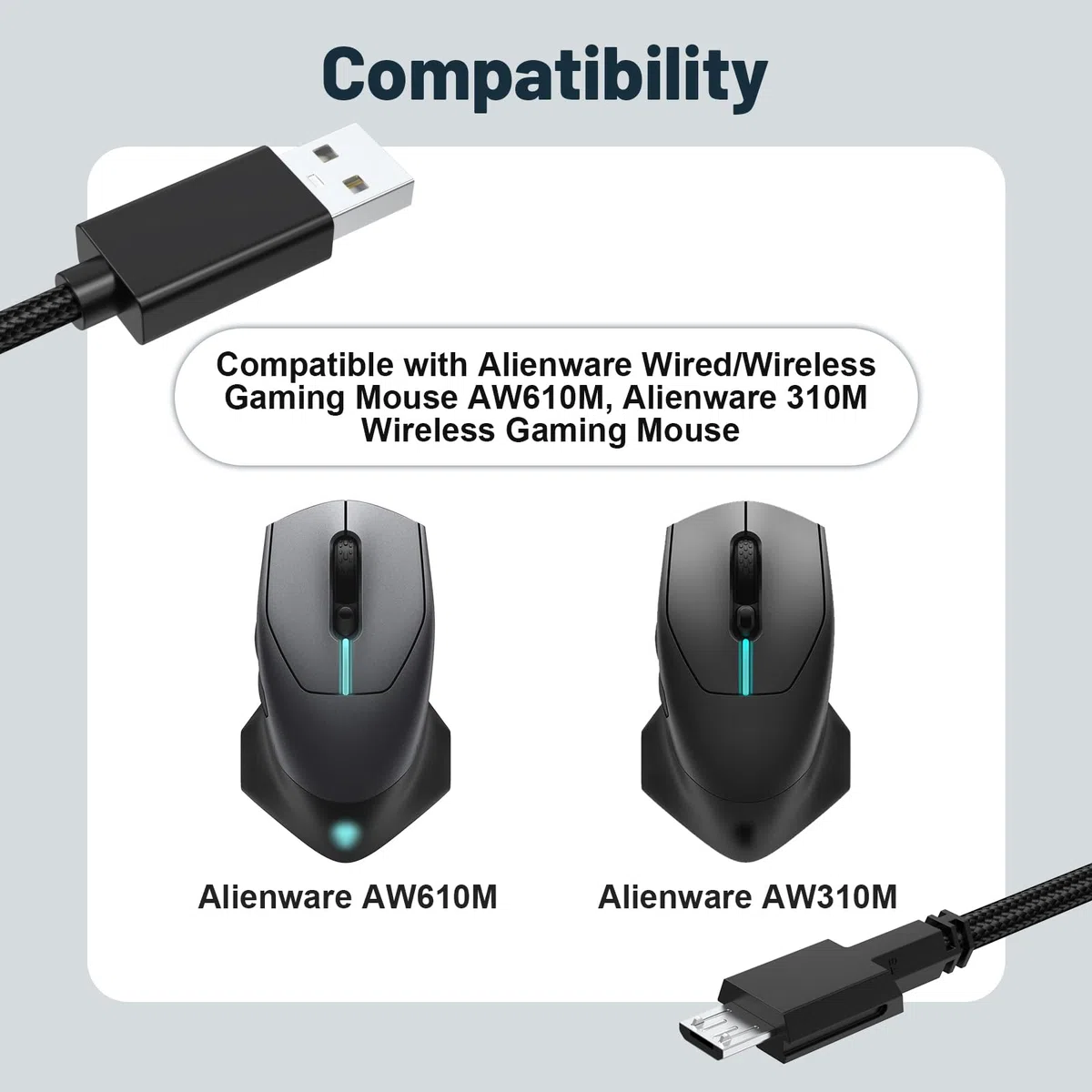 Wymienny kabel do ładowania 610 m, kompatybilny z myszą Alienware do gier, przewodowy/bezprzewodowy AW610M, 610 M, AW310M, pleciony nylonowy kabel do ładowania myszy AW610M, 2 m