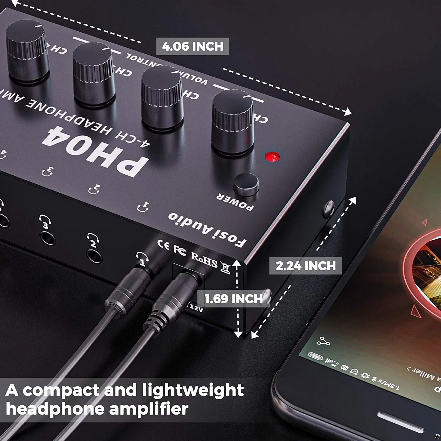 Fosi Audio PH04 4-kanałowy wzmacniacz słuchawkowy Metalowy wzmacniacz audio stereo z zasilaczem 12 V 1,5 A, ultrakompaktowy przenośny rozdzielacz słuchawek do studia i na scenę