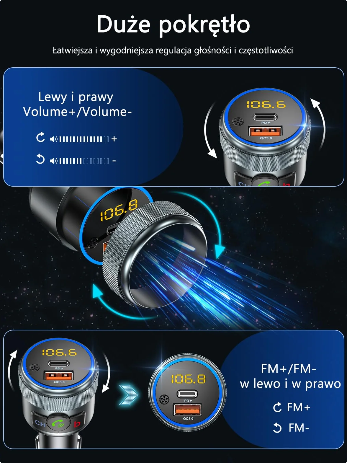 LENCENT 5.1 Nadajnik FM Bluetooth Samochodowy Bezprzewodowy Adapter Radiowy z PD3.0 USB-A i QC3.0 USB-C Ładowarka