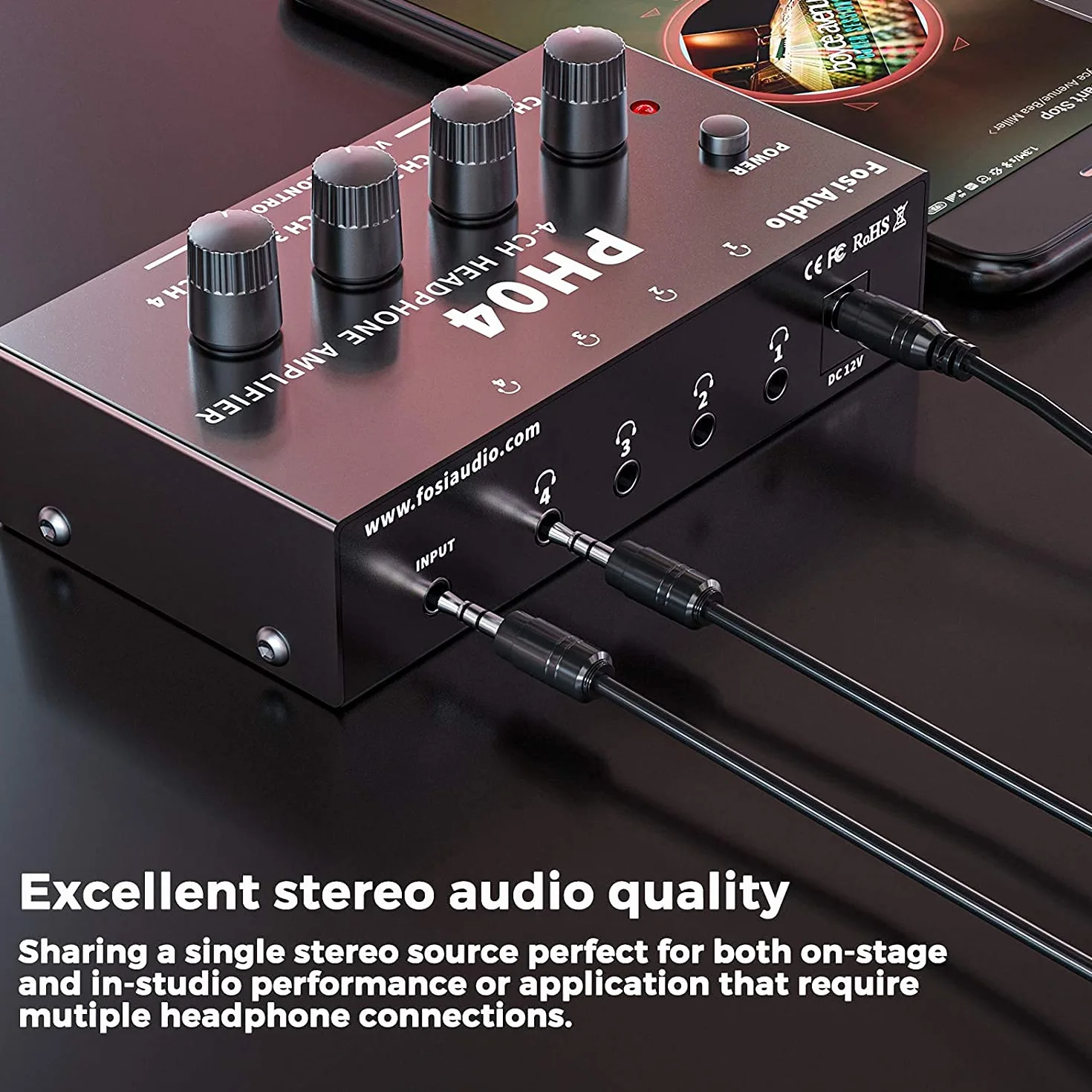 Fosi Audio PH04 4-kanałowy wzmacniacz słuchawkowy Metalowy wzmacniacz audio stereo z zasilaczem 12 V 1,5 A, ultrakompaktowy przenośny rozdzielacz słuchawek do studia i na scenę