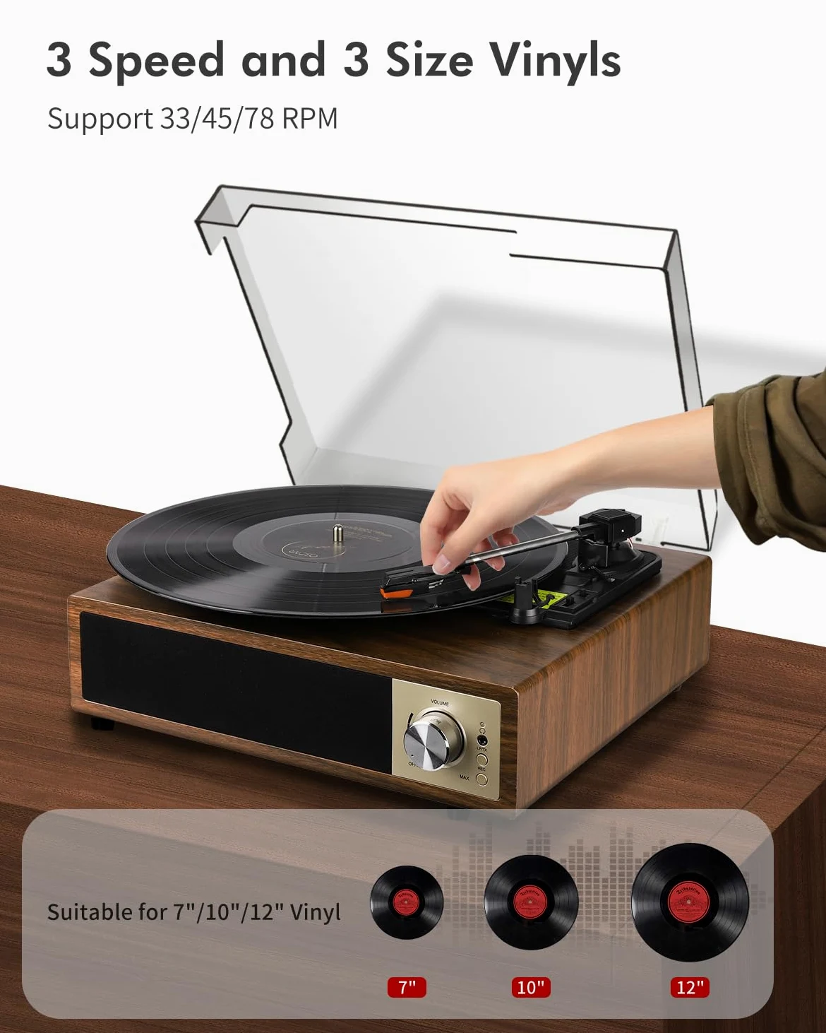 VIFLYKOO Gramofon, Bluetooth 5.4 z 2 Głośnikami Stereo, Bezprzewodowy 3-Biegowy 33/45/78 obr./min, Odtwarzacz Winylowy Obsługuje Wejście Słuchawkowe/Wejście AUX/Wyjście RCA/USB