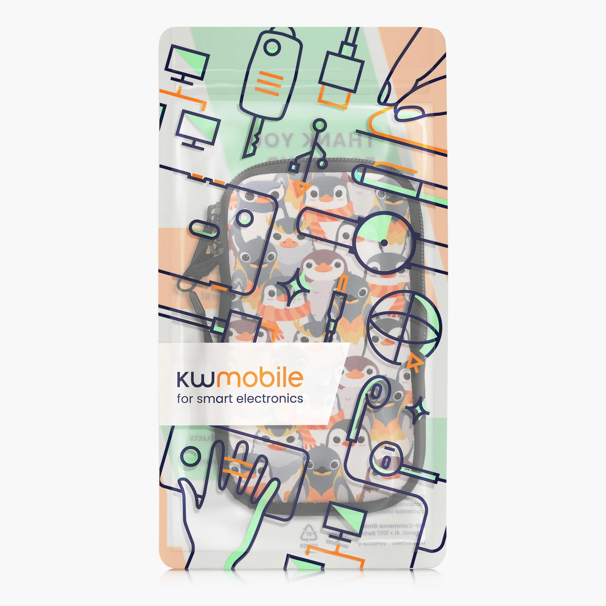 kwmobile Neoprenowy rękaw na smartfon rozmiar M - 14.0 cm - etui amortyzujące wstrząsy - ochronna torba na telefon - pingwiny szary/żółty/brązowy
