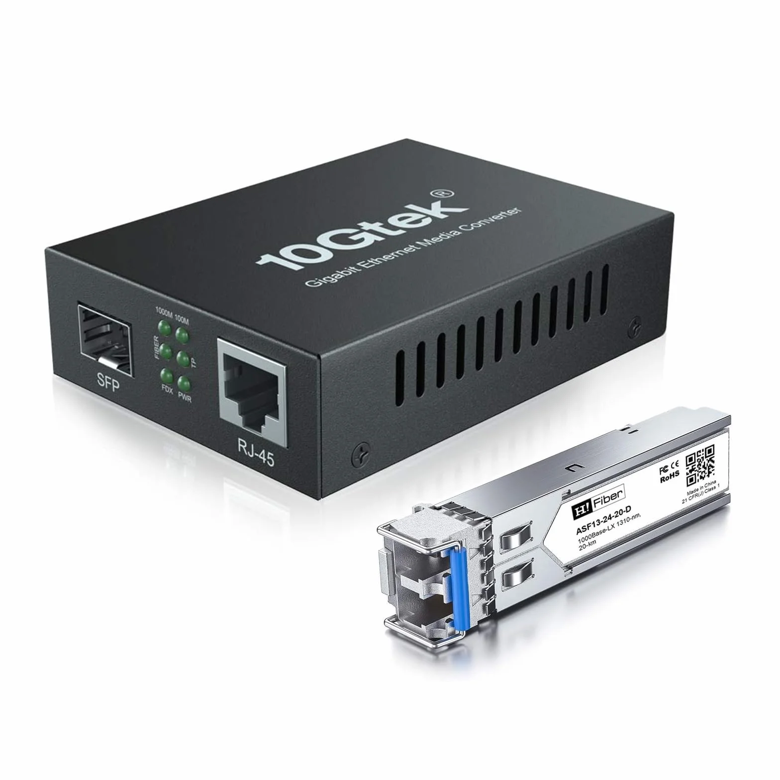 HiFiber Gigabit Ethernet konwerter mediów, 1,25 G SFP na RJ45, włókno szklane na miedziane, z nadajnikiem SFP (1000Base-LX, 20 km, jednomodowy)