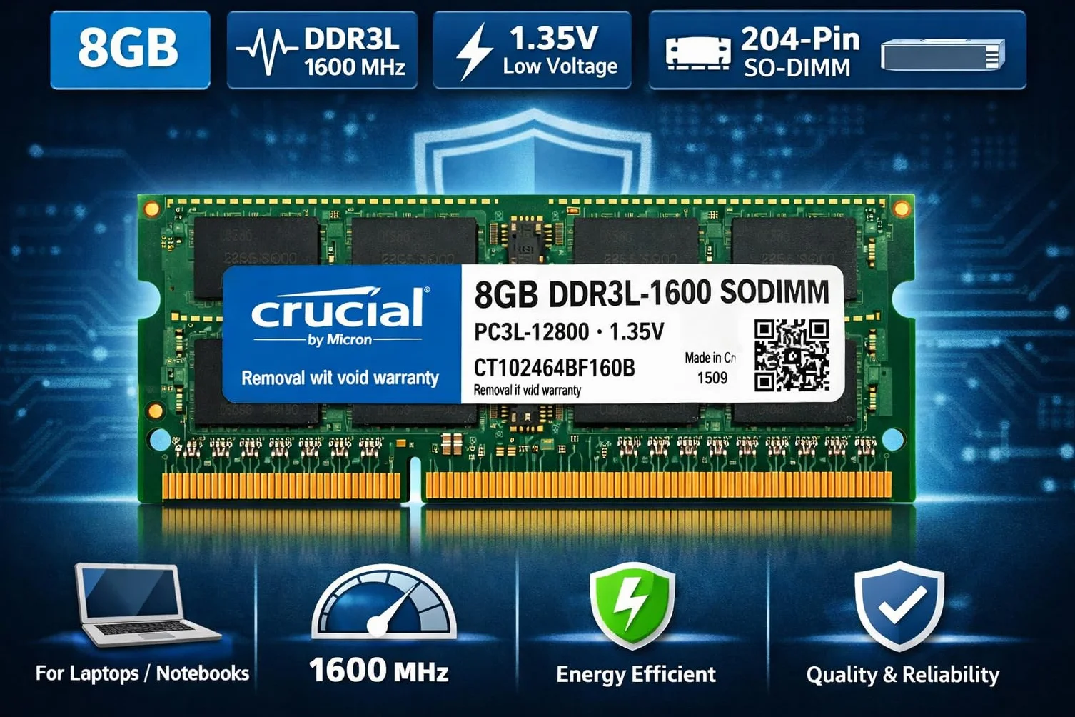 Crucial 8 GB DDR3L 1600 MHz SO-DIMM PC3L-12800 204-pin 1.35 V Notebook RAM