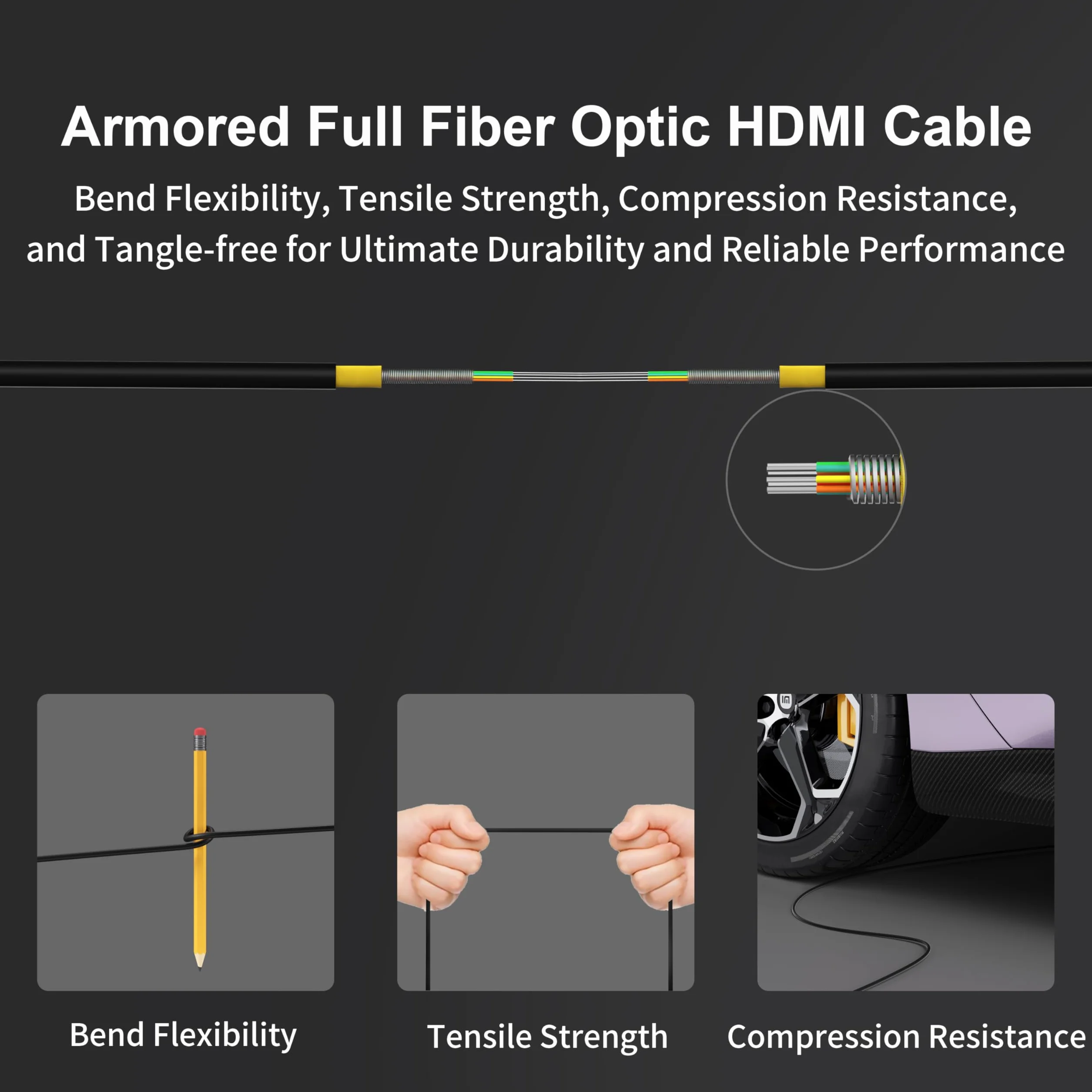 RUIPRO HDMI 2.1 8K, pełny światłowód, odłączany, opancerzony, 48Gbps, 3 m | Pełny światłowód zmniejsza EMI względem miedzi, a odłączane moduły pozwalają uniknąć wymiany całego kabla w ścianie
