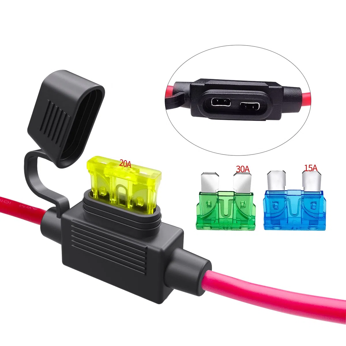 SAE Złącze akumulatora, SAE do O-ring wiązka zacisków 10AWG 2-pinowy kabel przedłużający akumulator z adapterem RP, bezpieczniki 15A/20A/30A 0,6 m do panelu słonecznego, motocykla, samochodu