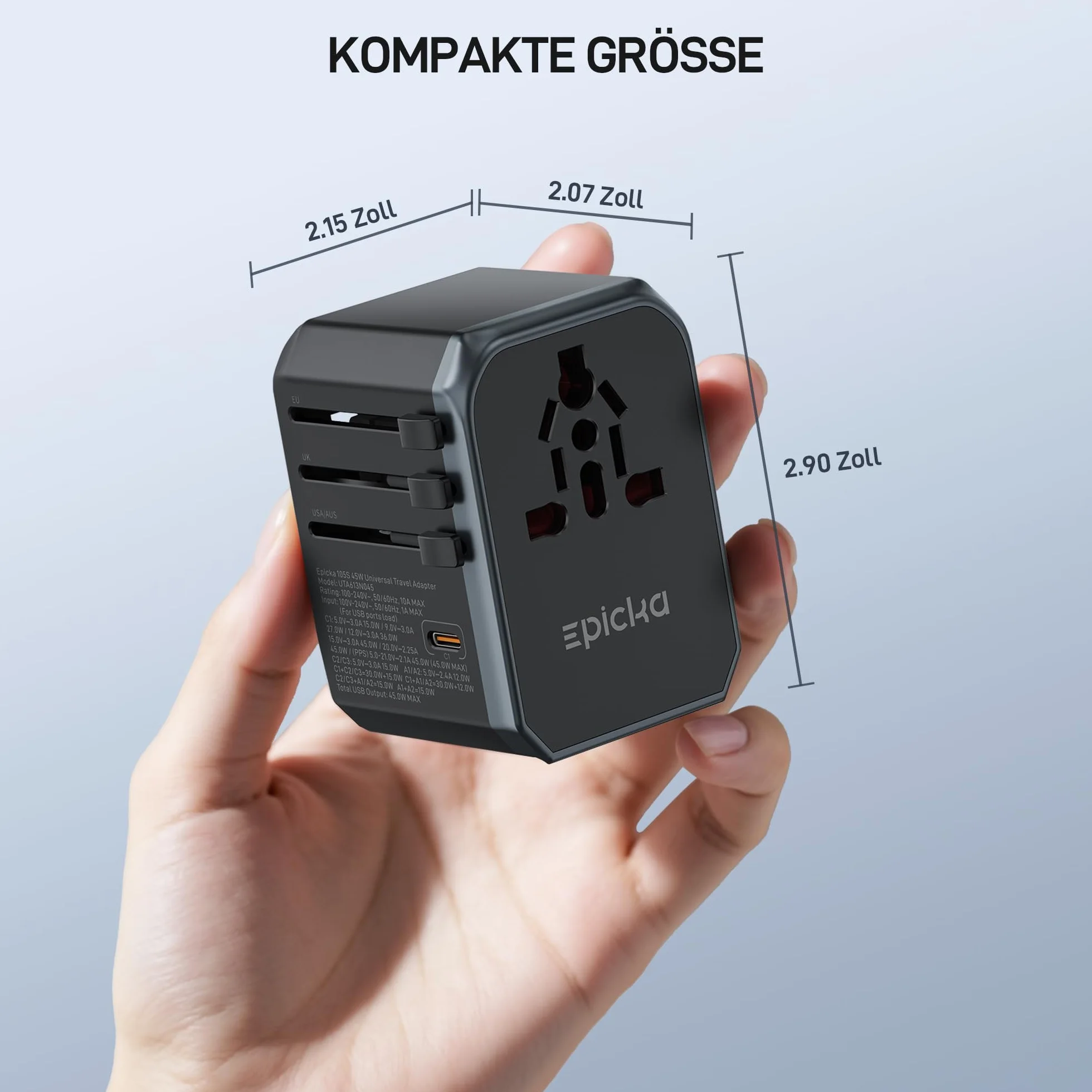 Epicka Uniwersalny adapter podróżny na cały świat PD Fast Charge, 45W szybkie ładowanie adapter podróżny z 3 USB i 2 USB C, uniwersalny dla UE USA UK Tajlandia Australia Adapter podróżny 105s