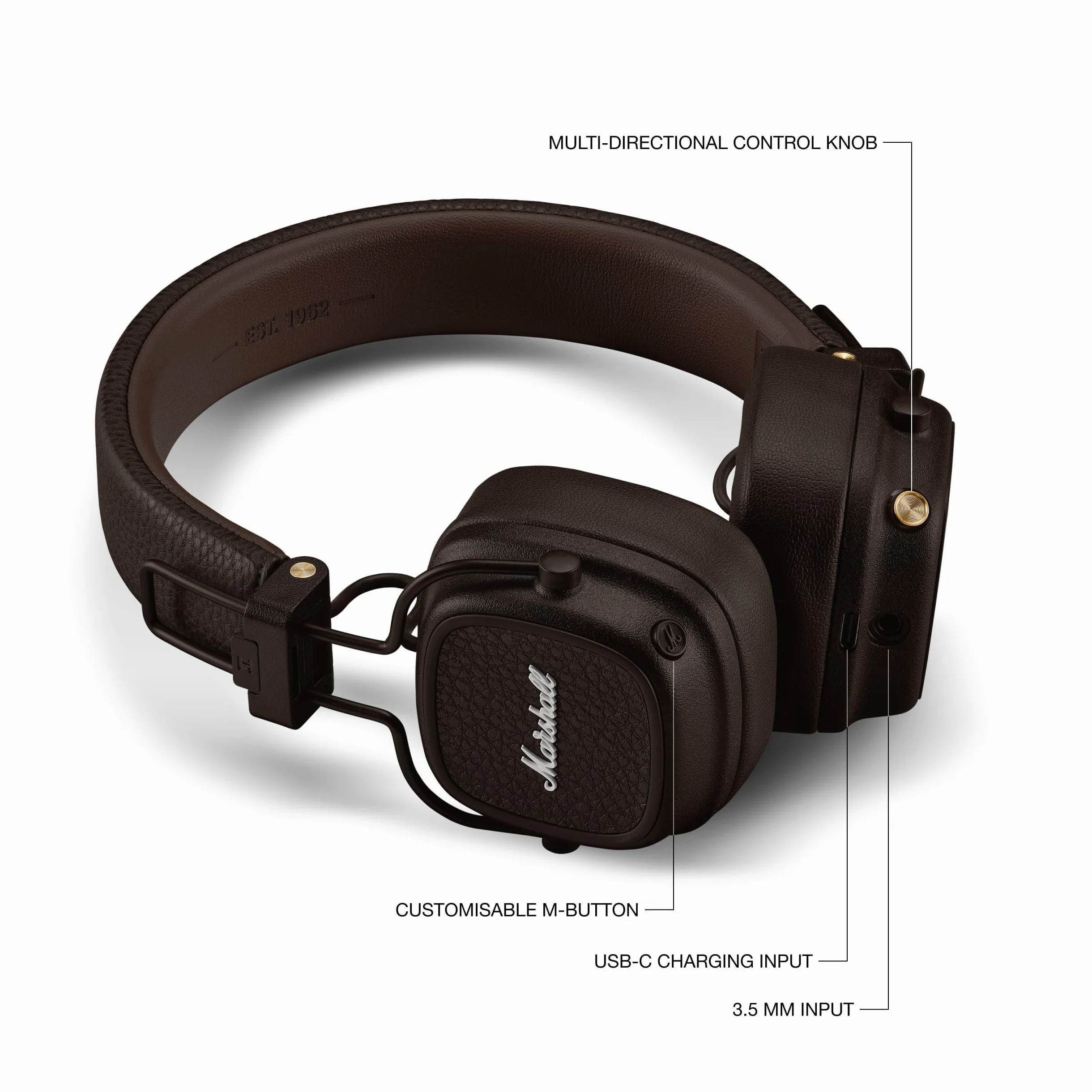 Marshall Major V bezprzewodowe słuchawki Bluetooth, 100 godzin odtwarzania - brązowe, Brązowy