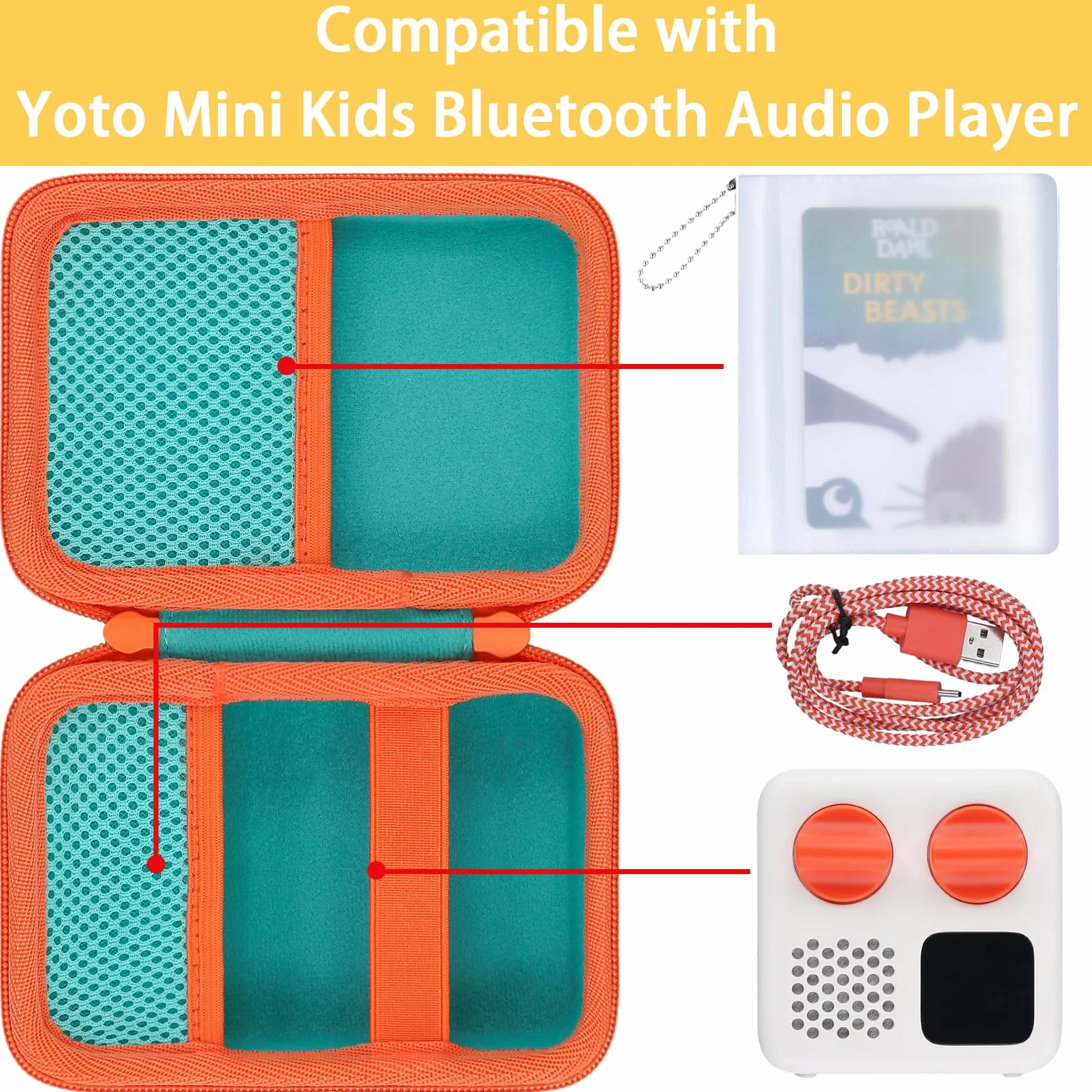 co2CREA Twarde etui kompatybilne z Yoto/Yoto Mini odtwarzacz audio dla dzieci głośnik gra audiobook, karty, radio i etui na karty, pomieści do Yoto 36 kart, Turkusowa obudowa z pomarańczowym zamkiem