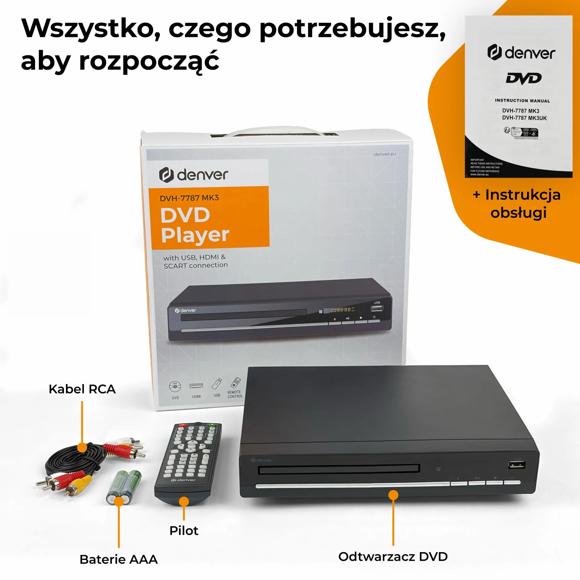 Denver DVH7787 Odtwarzacz DVD Do Telewizora, HDMI, Mini, Wszystkie Regiony, 1080p Upscaling, Dolby Digital, USB, Coax, Scart, Czarny