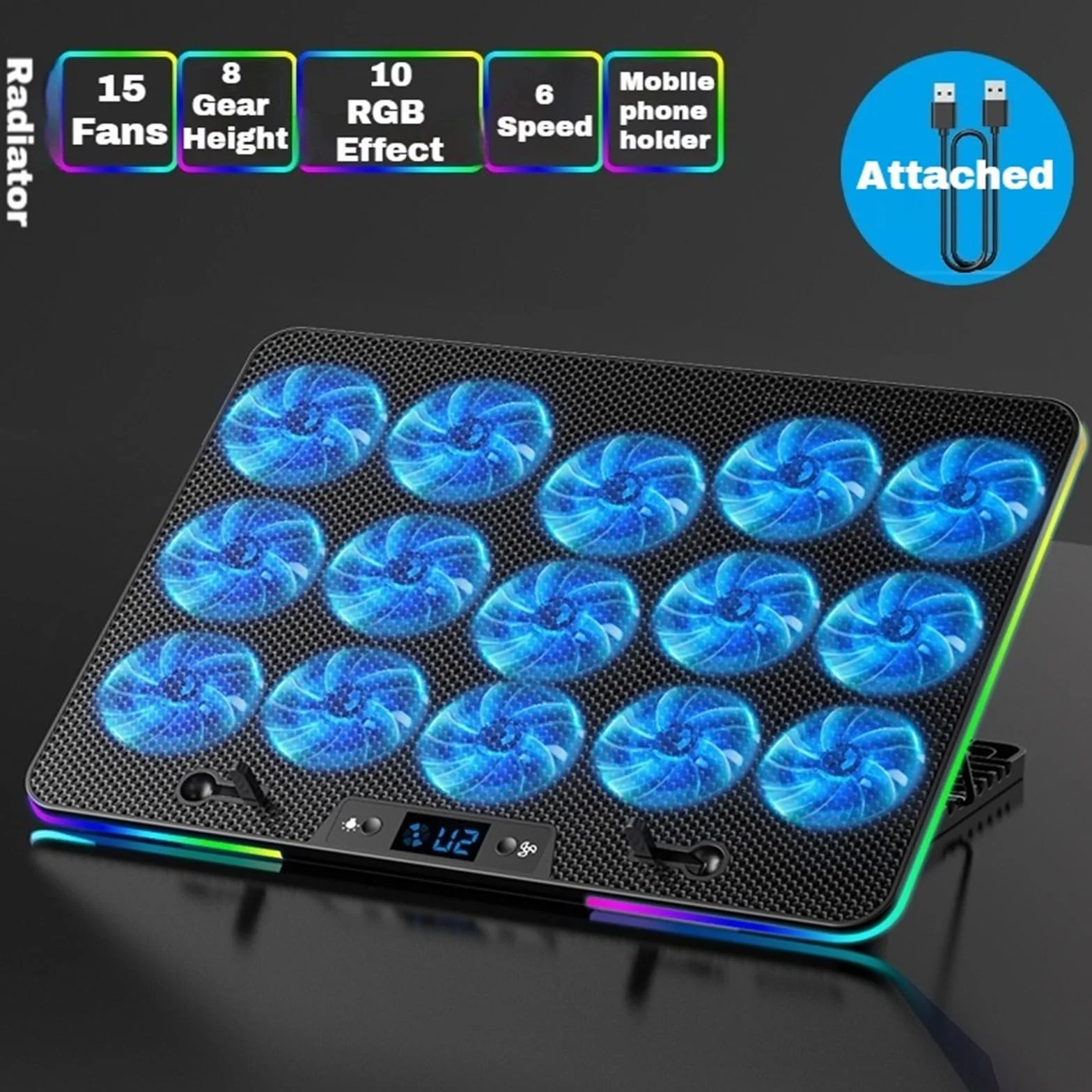 N15 Gaming Laptop Cooler 15 Wentylator Regulowana prędkość wiatru Regulacja wysokości Podkładka chłodząca do laptopa Podstawka pod laptopa Podkładka chłodząca pod laptopa(N15RGB)
