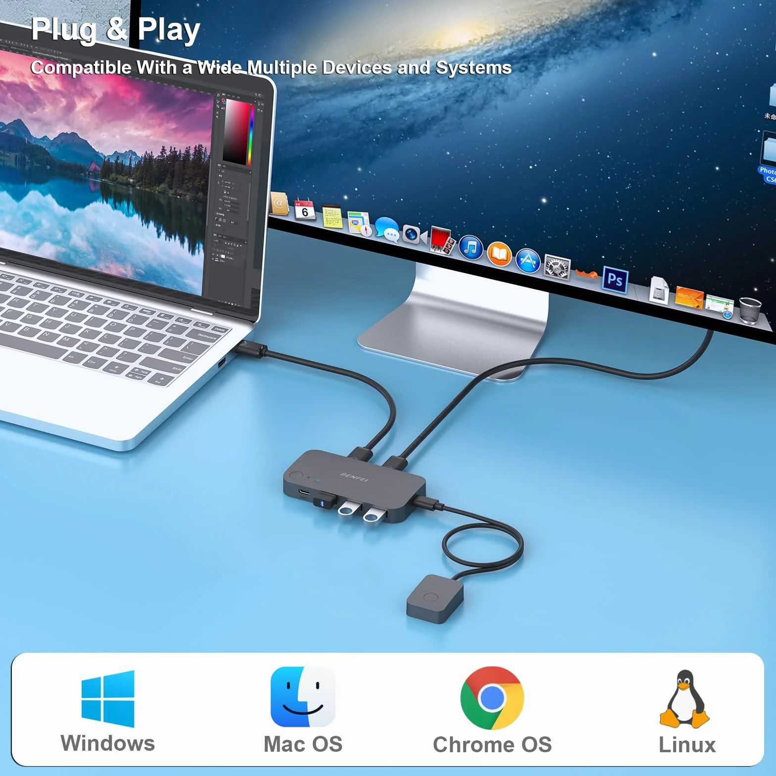 BENFEI przełącznik USB 2 komputery Udostępnij 3*USB 3.0, 1*USB C z pilotem do PC Klawiatura z myszką Drukarka Skaner, Selektor przełącznika USB KVM Zgodny z systemami Windows, Mac, Linux