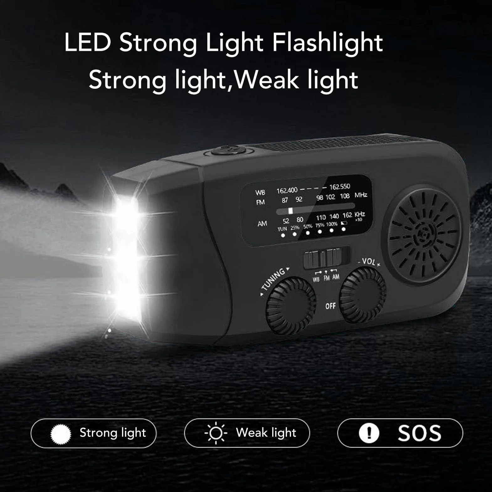 Garsent Radowe Radio Awaryjne, 2000Mah AM/FM/NOAA Solar Ręczne Radio Radiowe z 4 Latarkami LED, Funkcja SOS na Wypadek Awarii, Kemping