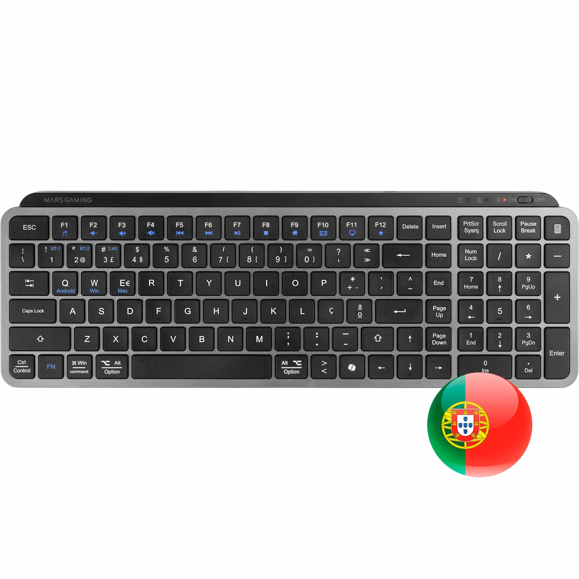 Mars Gaming MK-SILENKEYS, Bezprzewodowa Kompaktowa Klawiatura Pełnowymiarowa, Niski Profil, Ciche Przełączniki Nożycowe, Copilot AI, Bluetooth 5.1 Dual + 2.4GPRO, 200h, PC/Mac, Portugalski, Czarny