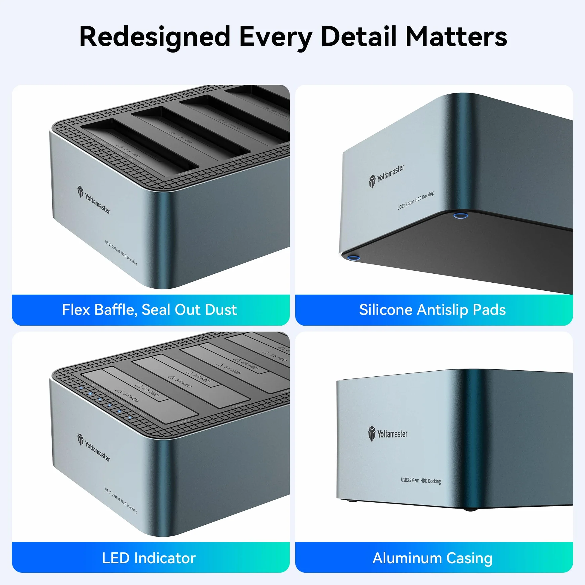 Yottamaster 5 Bay Aluminiowa stacja dokująca do 2,5/3,5 cala SATA SSD HDD USB 3.2 Gen1 12V 6.5A obsługa 18 TB