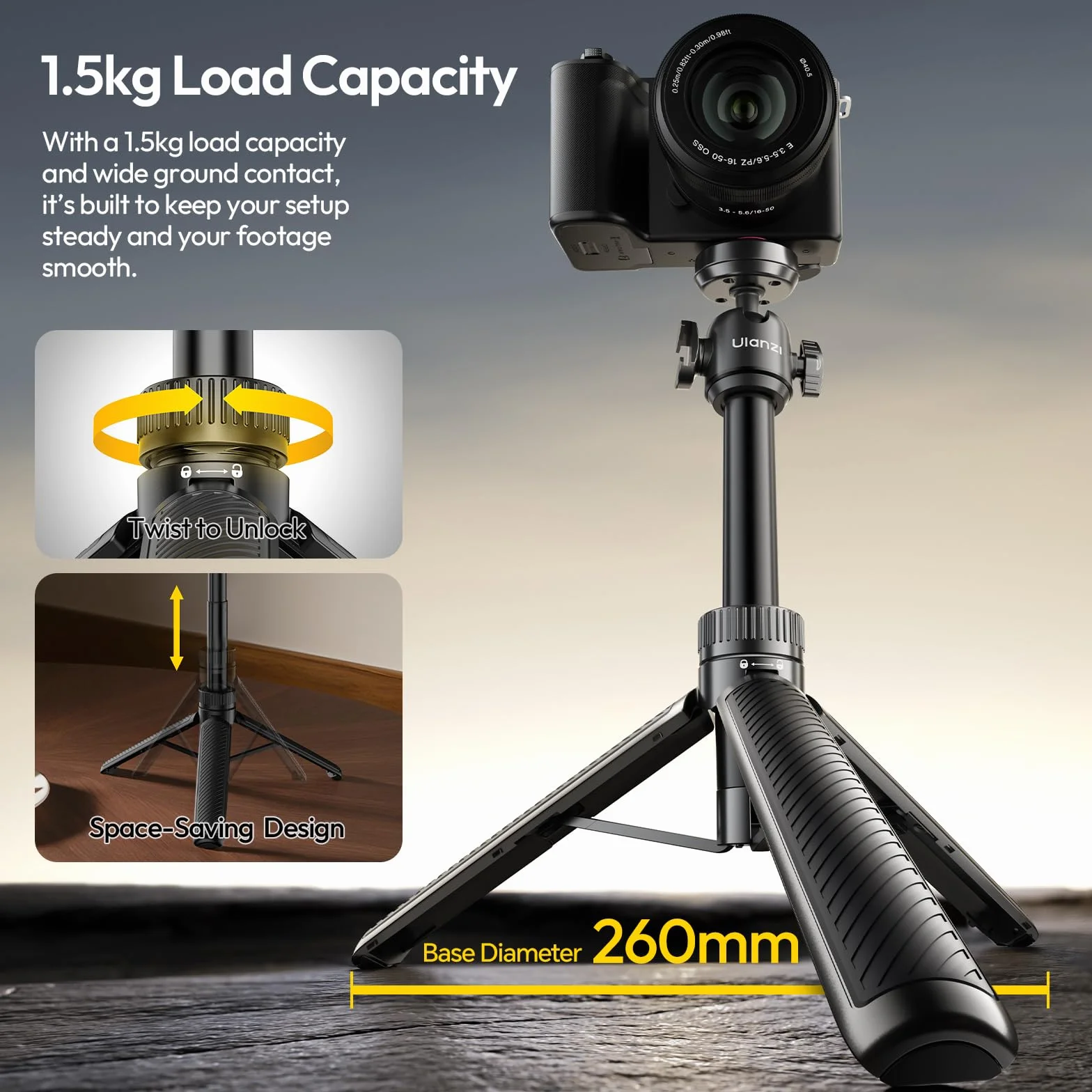 ULANZI MT90 Cka Statyw z szybkim zwalnianiem do kamery DJI Pocket 3 4/Osmo Action 5 4 3, 2-w-1 do selfie, kompatybilny z kamerami Go Pro/Insta 360 X5 Ace/Ace Pro/X4, udźwig 1,5 kg