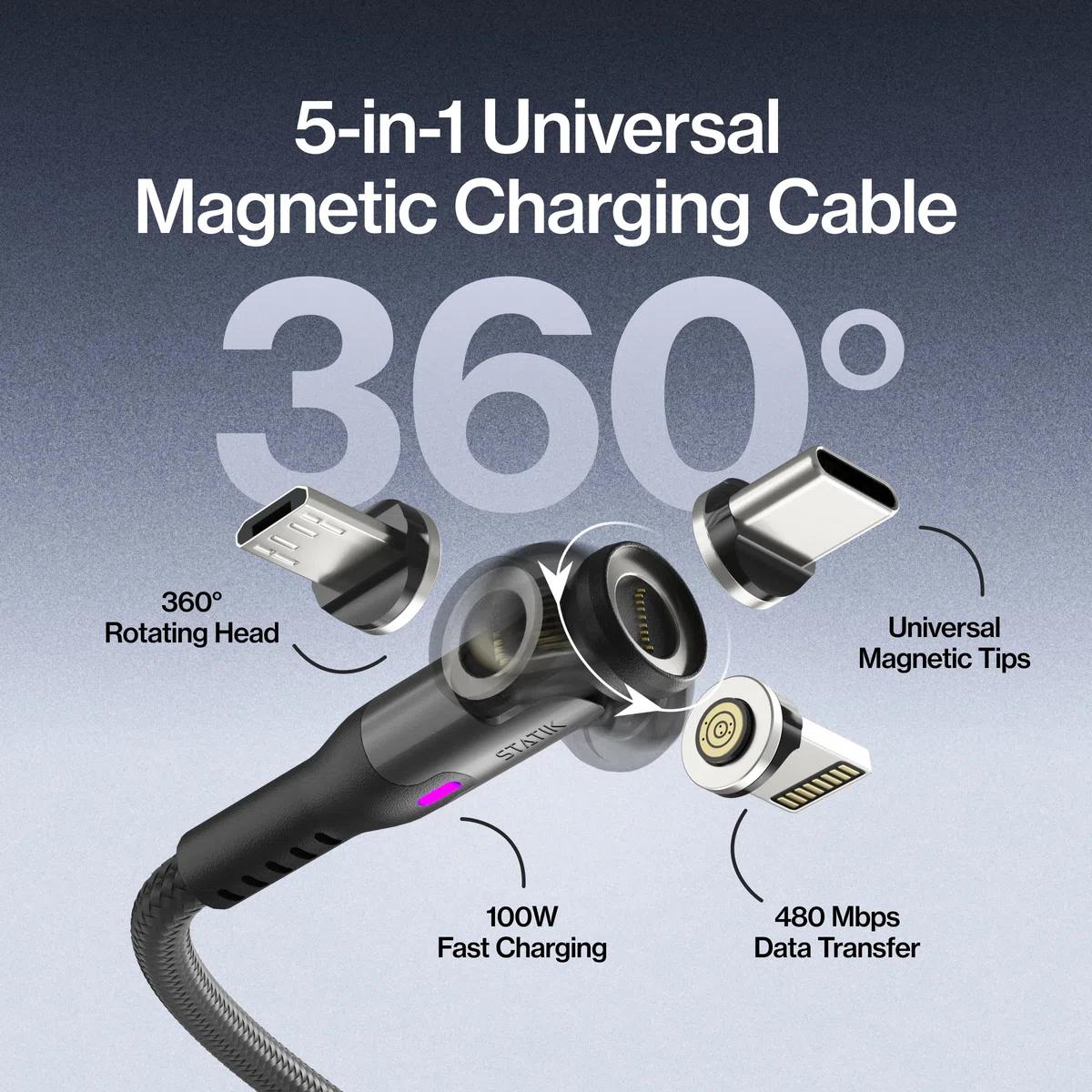 Statik Magnetyczny kabel do ładowania 360 Pro, ładowarka typu C, szybkie ładowanie 3 w 1, kabel USB C na USB C, końcówki micro USB i iProduct Tips, adapter USB A, pasuje do wszystkich urządzeń, szybka