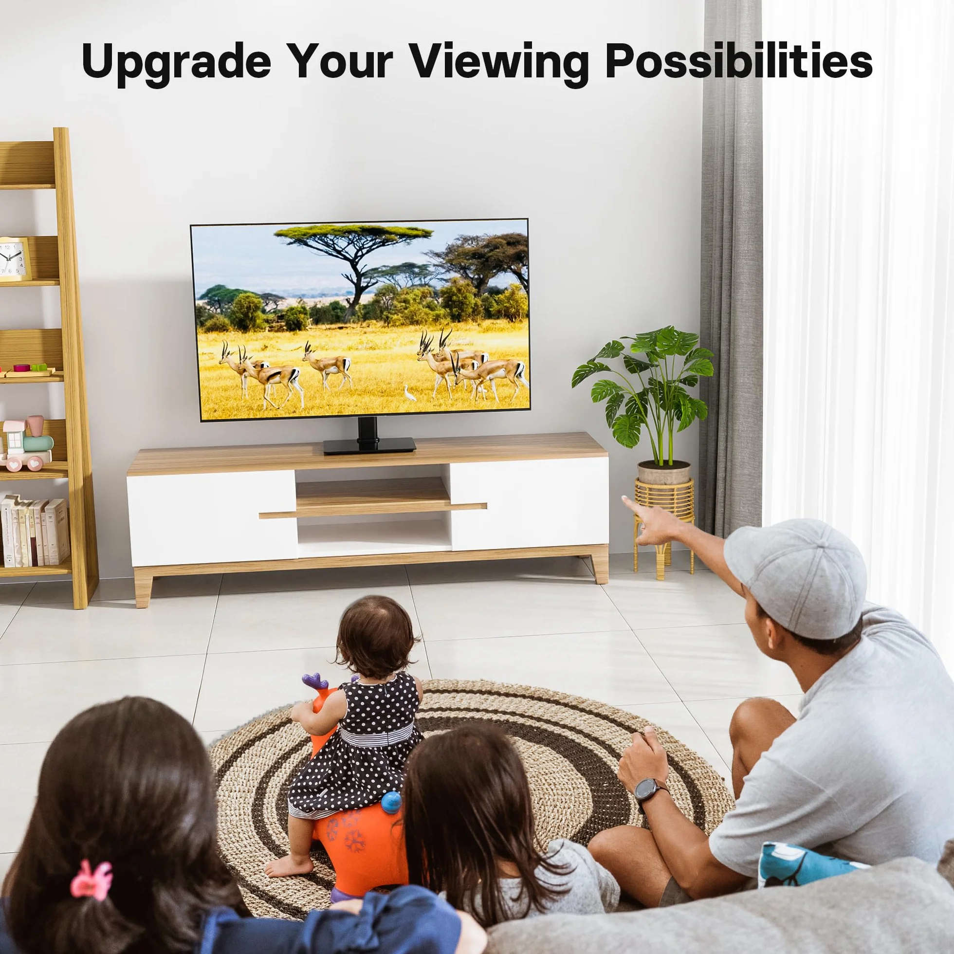 BONTEC Uniwersalny Obrotowy Stojak na Ttelewizor do Ekranów 17-43'', Regulowany Blat Stołu Stojak do Telewizora LCD/LED/OLED/Plazmowego/Zakrzywionych Telewizorów do 45 KG, 2 Opaski Kablowe w Zestawie