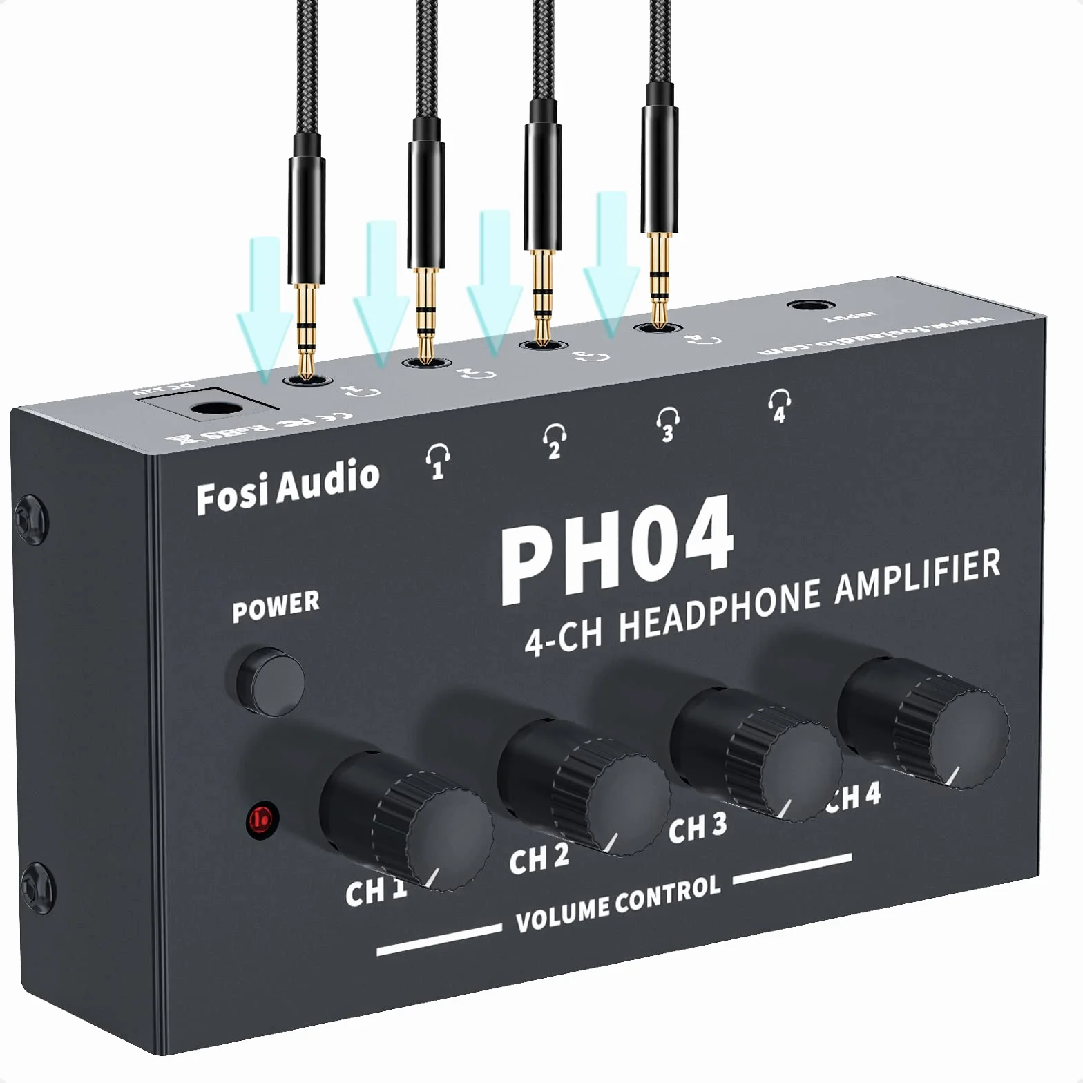 Fosi Audio PH04 4-kanałowy wzmacniacz słuchawkowy Metalowy wzmacniacz audio stereo z zasilaczem 12 V 1,5 A, ultrakompaktowy przenośny rozdzielacz słuchawek do studia i na scenę