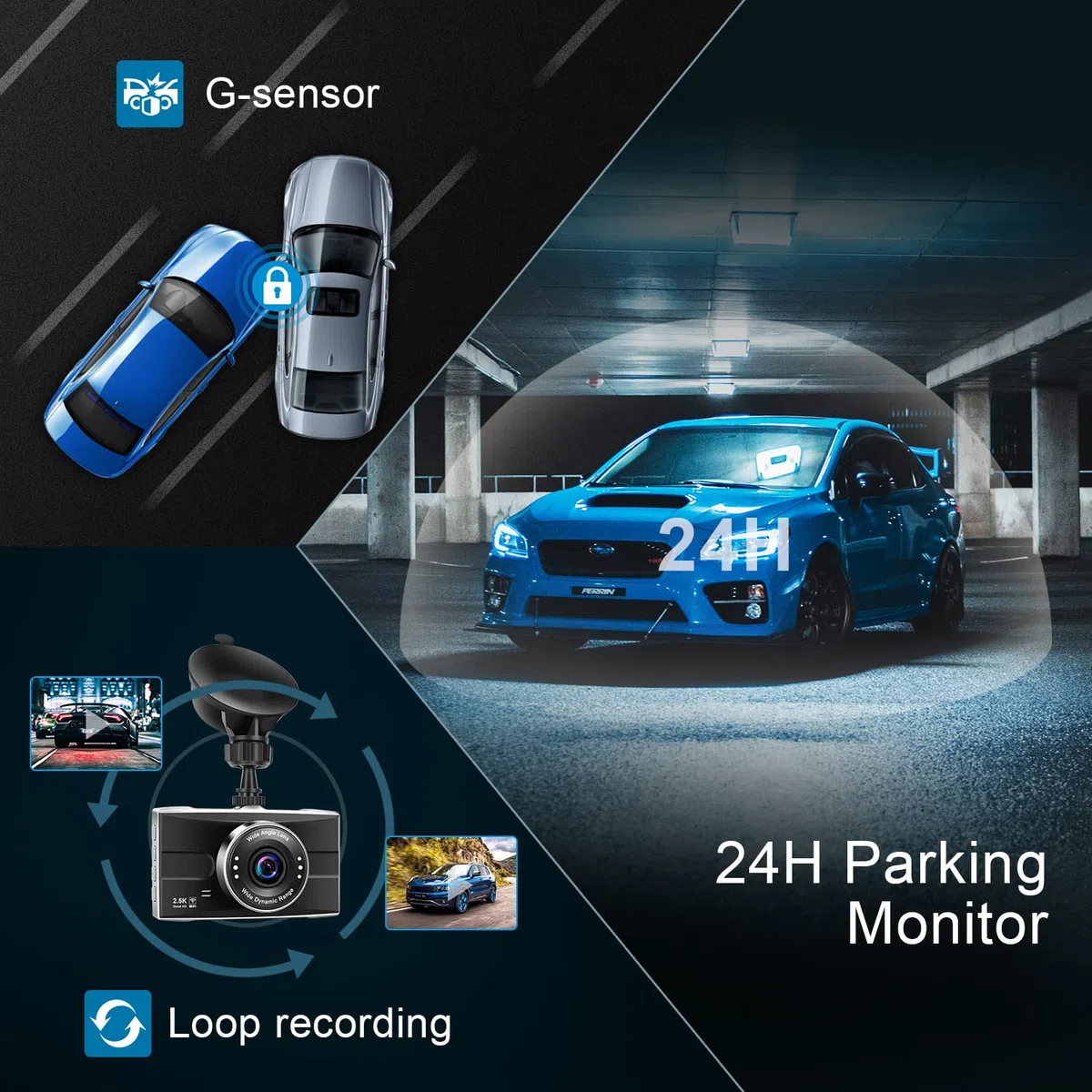 Kamera samochodowa 2.5K przednia i tylna 1440P+1080P FHD WiFi dual dashcam do samochodów z obsługą aplikacji z kartą SD 32GB, metalowa obudowa, super noktowizor, WDR, czujnik G, nagrywanie w pętli
