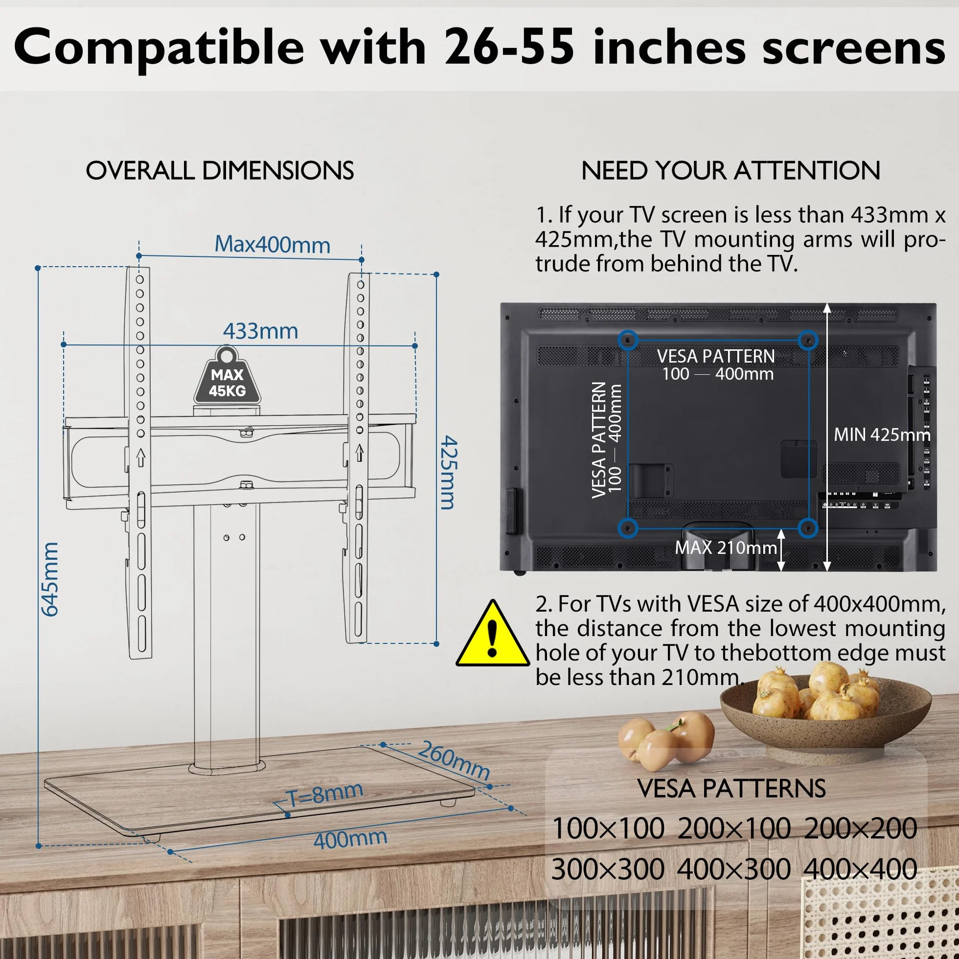 BONTEC Stojak TV 26-55 cali Obrotowy VESA 400x400 mm 45 kg Czarny